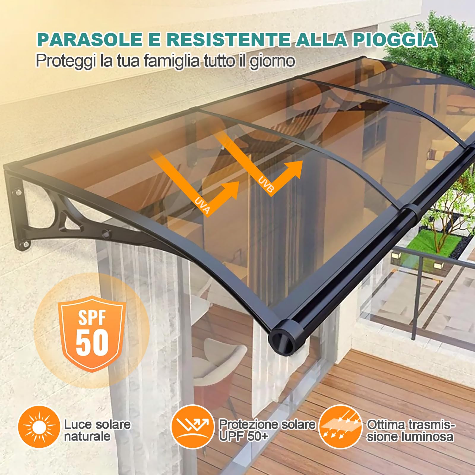 Tettoia per Esterno, Pensilina da Esterno, Pensilina, Staffa in lega di alluminio+Policarbonato, Resistente ai raggi UV/alla pioggia, Tettoia per Esterno/Porte/Balcone/Finestre