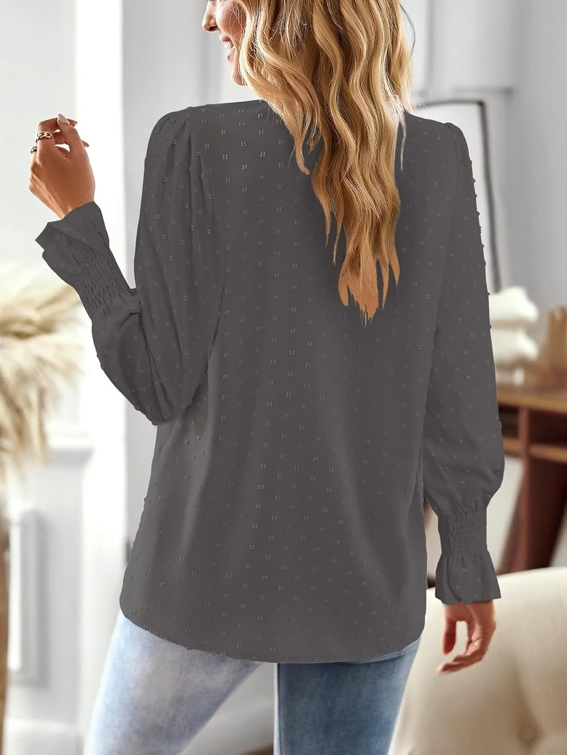 Boho Tops for Women V Neck Blouses Flowy Swiss Dot Dressy Casual Lace Womens Long Sleeve Shirts Trendy 2026 - Image 3