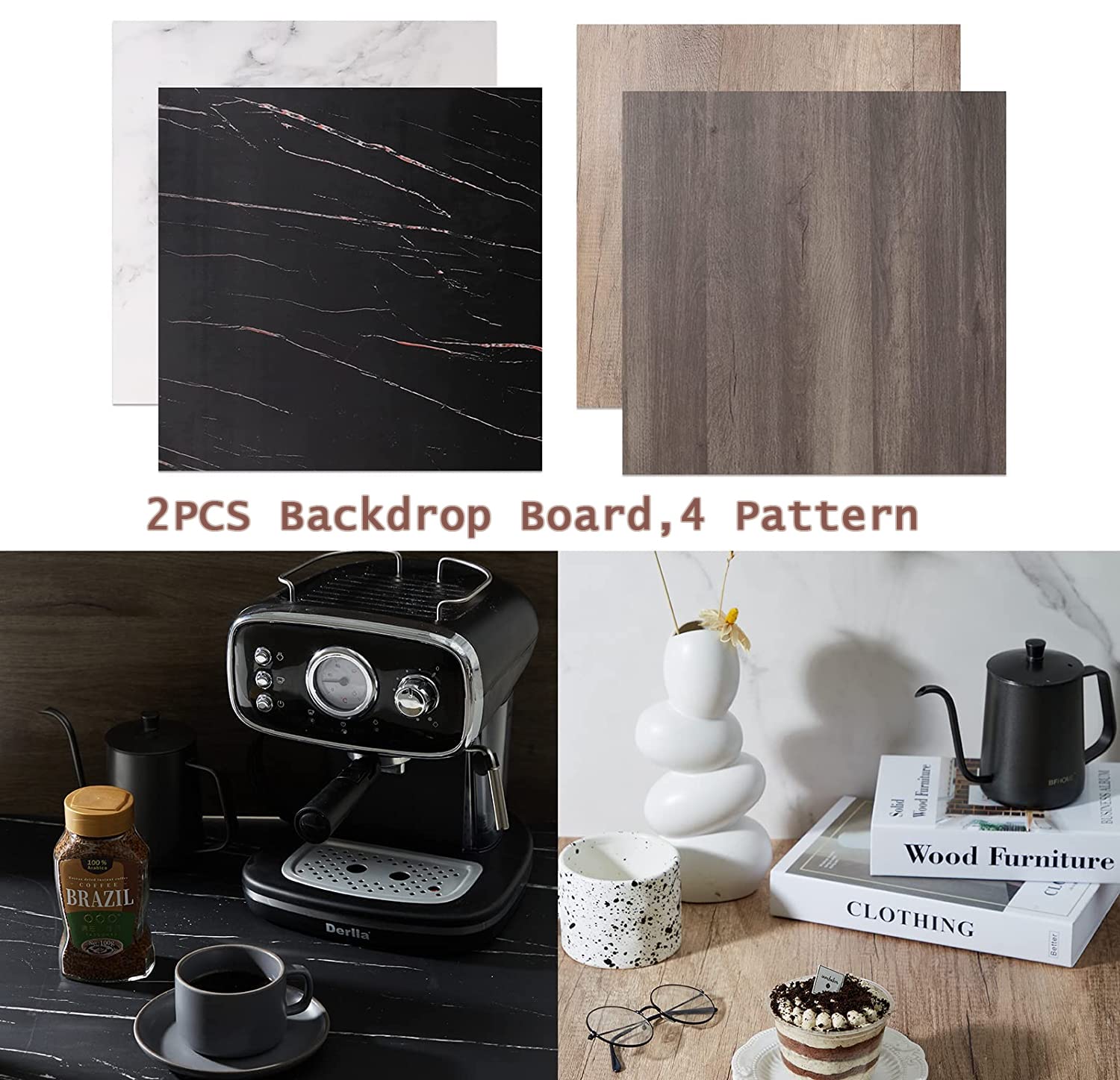 2 pezzi tavole per sfondo fotografico 60x60cm sfondi fotografici bianco marmo venature del legno texture kit doppio lato cibo Flat Lay verticale (2PCS(24x24in))