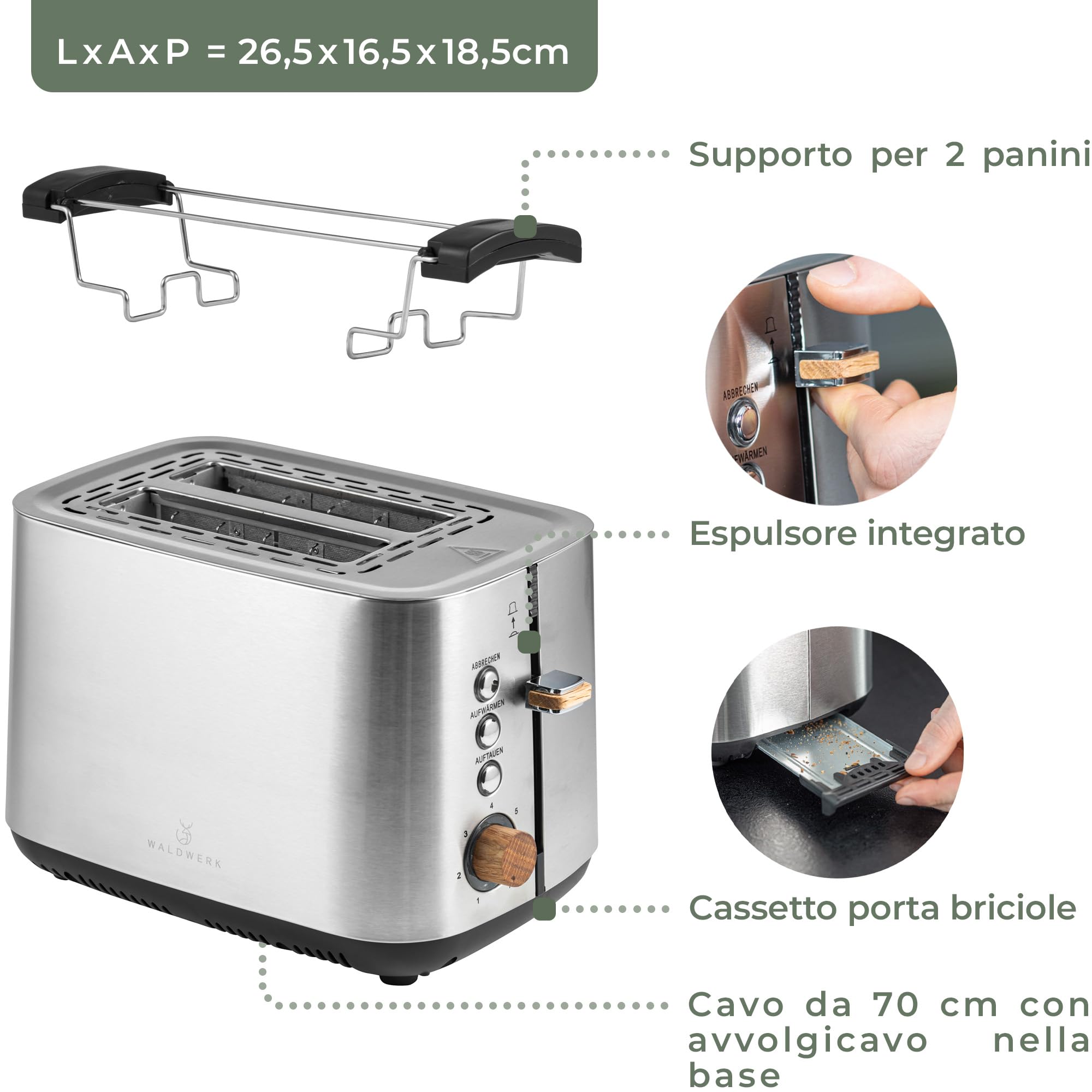 WALDWERK Tostapane di Design – in acciaio inox 304 e legno di quercia – per 2 fette – con supporto per panini – con camere di tostatura extra larghe e profonde – con cassetto raccogli-briciole