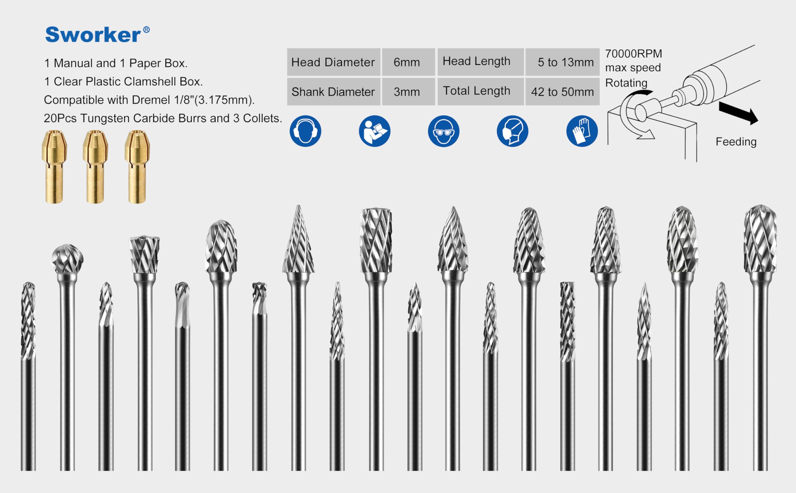 3Pcs Collets and 20Pcs 1/8" Shank Carbide Burr Compatible with Dremel Milwaukee Metal Grinding Wood Stone Steel Carving Cutting Polishing Engraving Grinder Kit Attachment Rotary Tool Accessories Set — Amazon image 2