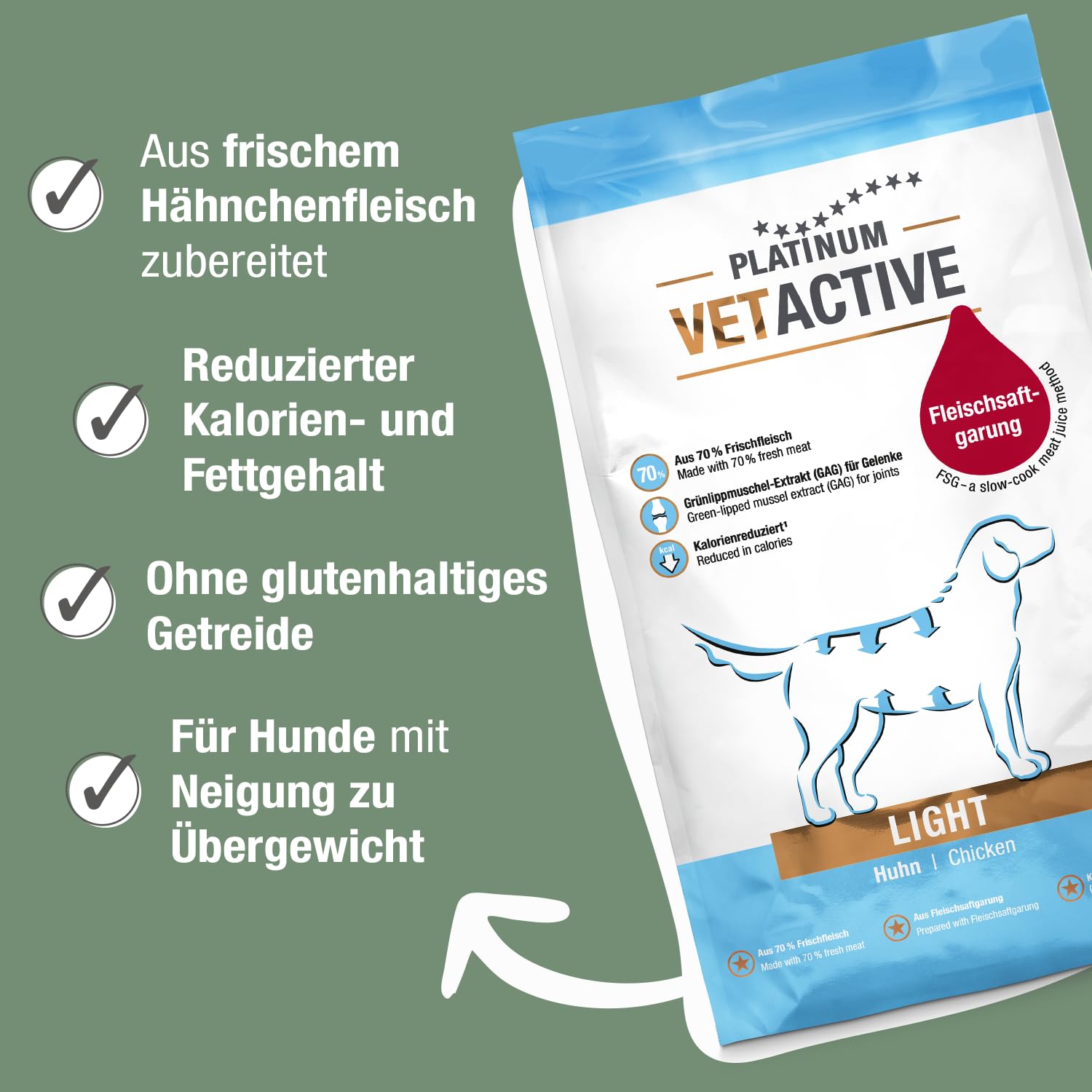 PLATINUM - Hundenahrung VETACTIVE Light aus Fleischsaftgarung - 5kg Hundefutter trocken nährstoffreich wie Barf - besonders schmackhaftes Hundetrockenfutter für Hunde - fett- und kalorienreduziert | Saftiges Trockenfutter aus Frischfleisch für Hunde mit Ü