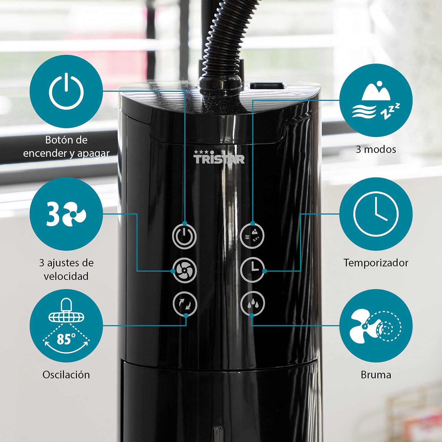 Tristar VE-5884 Ventilador nebulizador, 40 cm de diámetro, temporizador 1-9 h, oscilante 85°, 3 ajustes de velocidad, Ángulo ajustable 25°, tanque de agua de 2 L, mando a distancia, 70 W