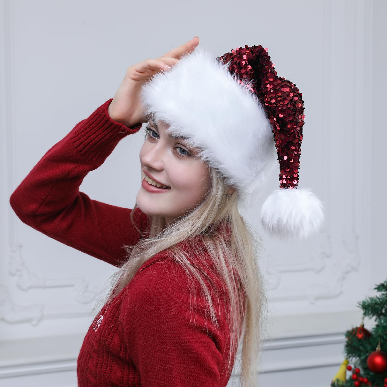 Sombrero de Papá Noel de lentejuelas personalizado para adultos, sombrero de fiesta de Navidad con purpurina roja, sombrero de Navidad, Halloween, Año Nuevo, vacaciones