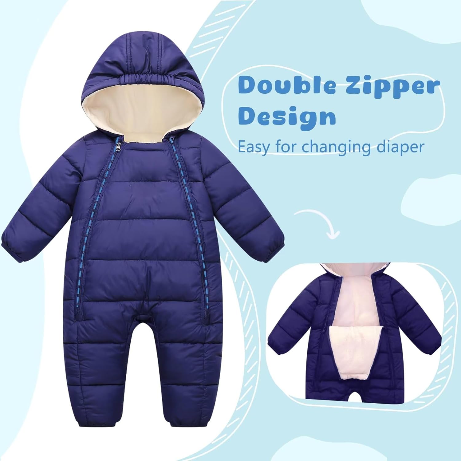 BYFRI Baby Snowsuit Infant Winter Jumpsuit 0-24M Toddler Footed Jacket Unisex Warm Hooded Outfit Thick Fleece Coat - Image 3