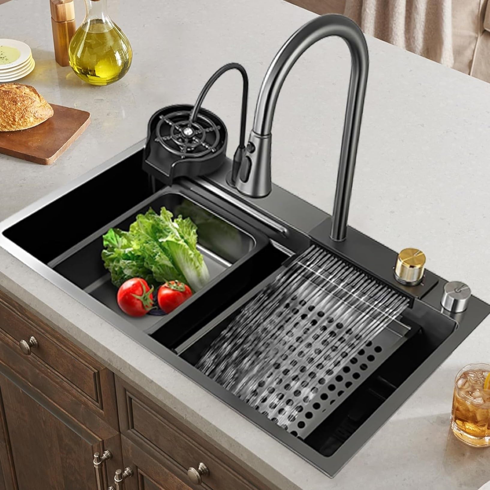 TQQEPOOL Küchenspüle Multifunktionale 304 Edelstahlspüle Neue Spüle Premium Spüle Im Landhausstil Mit Wasserfall Spüle Wasserhahn Und Spüle Zubehör (Color : Black, Size : 26.7 * 18.1 in) Baumarkt