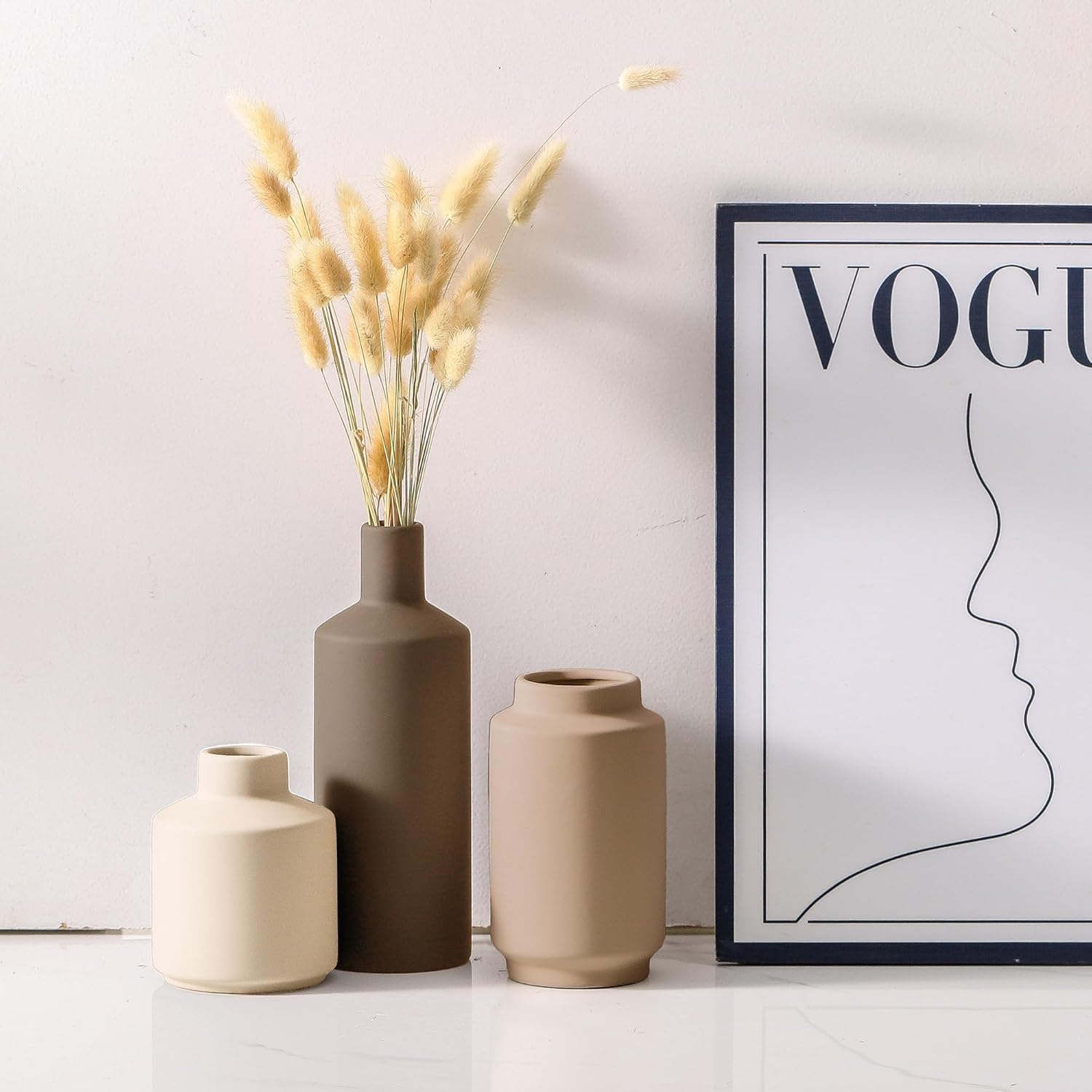 Ceramic Vase Set of 3 Terracotta Brown Beige, Modern Small Flower Vases for Home Decor, Boho Farmhouse Rustic Decorative Vases for Living Room Table Shelf Kitchen Bedroom Centerpieces