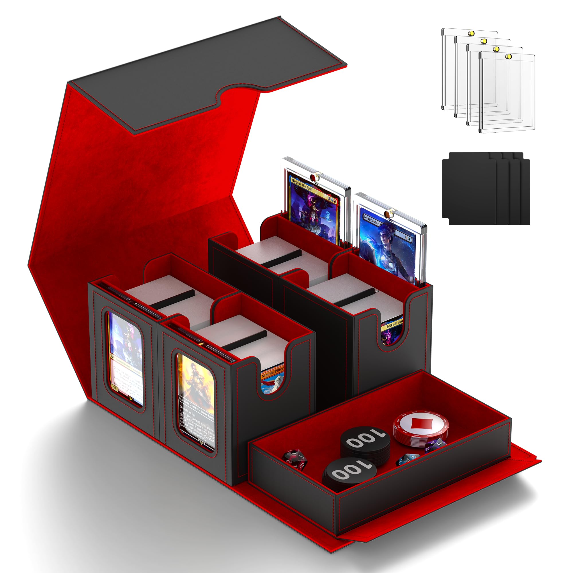 Commander Deck Box - Caja de almacenamiento 5 en 1 para más de 400 tarjetas con ventana de visualización, cubierta extraíble, bandeja de dados para tarjetas coleccionables TCG y PTCG (rojo)