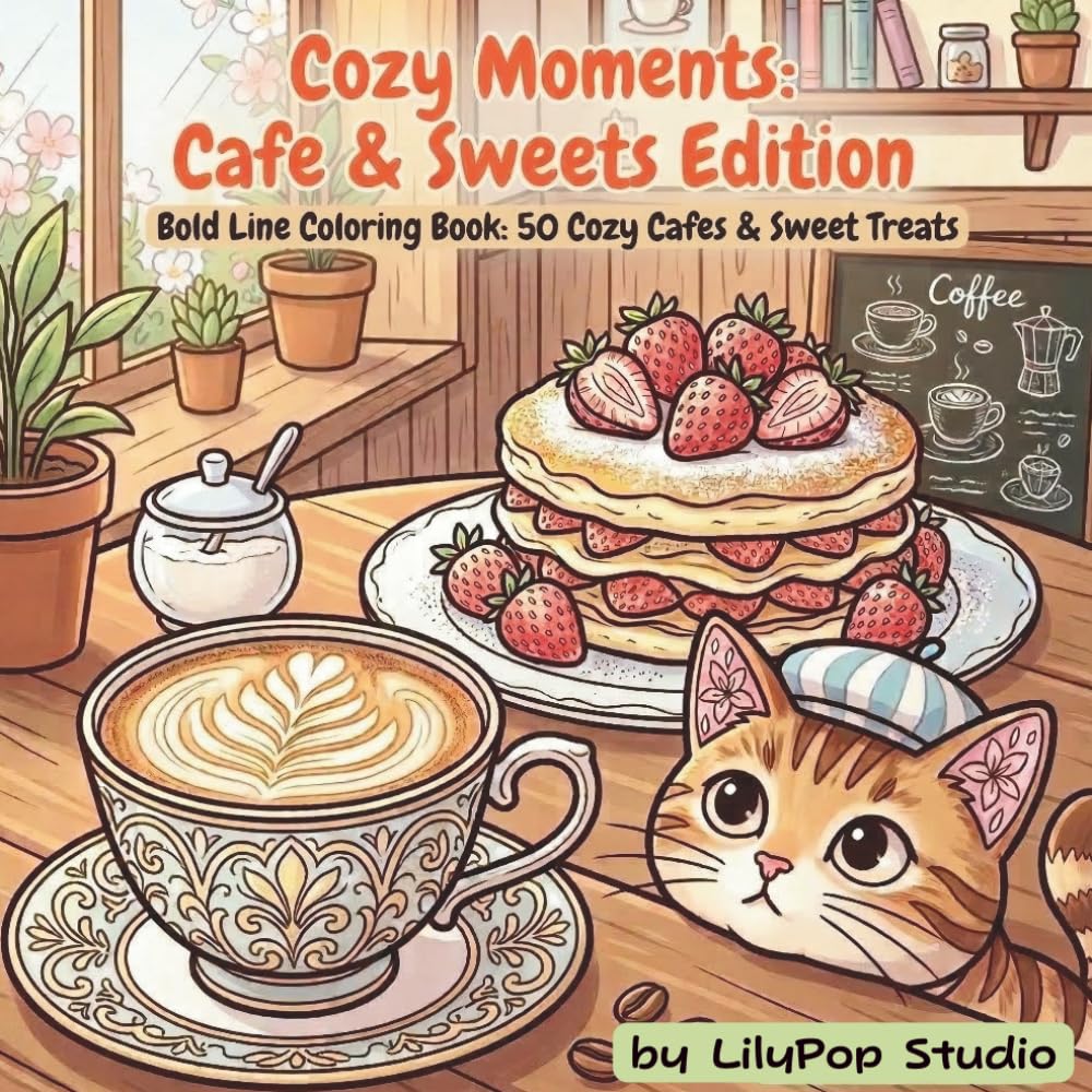 Cozy Moments: Cafe & Sweets Edition: Bold Line Coloring Book: 50 Cozy Cafes & Sweet Treats