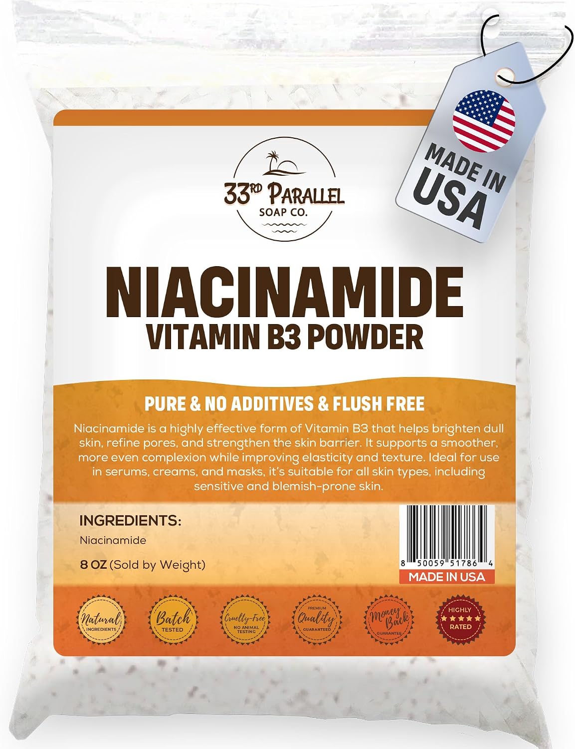 Niacinamide Powder Vitamin B3 (8oz) Brightens Skin, Reduces Dark Spots, Boosts Collagen & Hydration for Serums, Creams, Toners & DIY Skincare | 8 Ounces