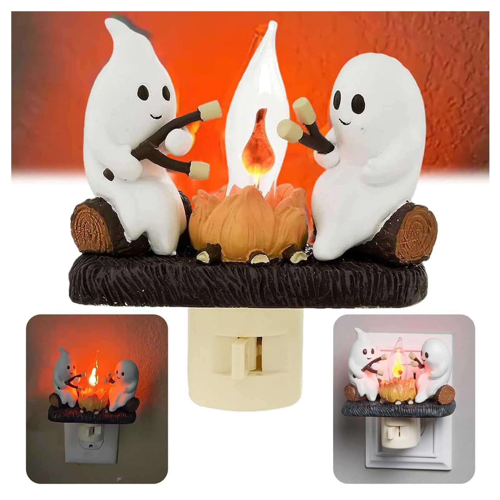 HINNVCL Ghost Campfire Flickering Nightlight, Spooky Ghost Fake Camp Fire Flameless Candle Cute Night Lights Plug into Wall Decorative Gothic Lamp Halloween Ghost Room Decorations Indoor Lighting
