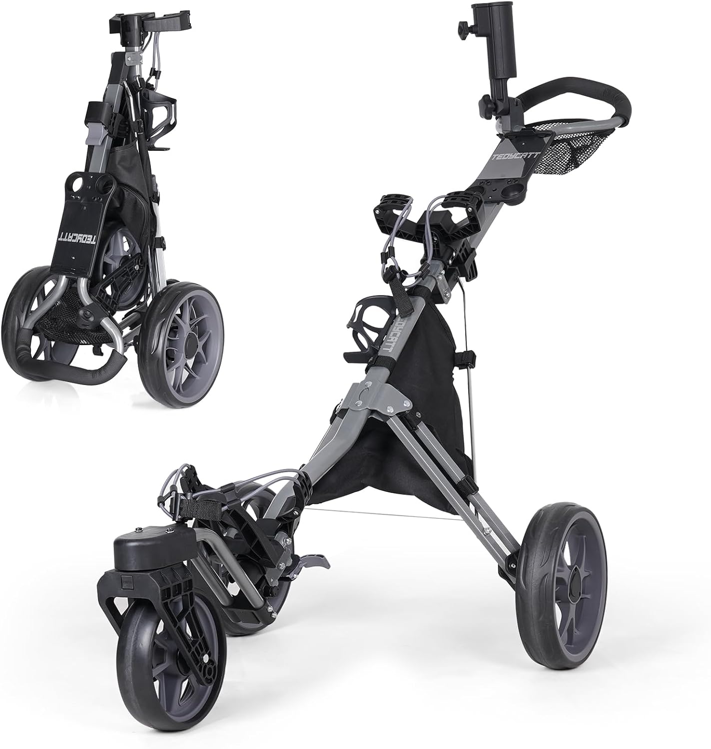 360 Golf Pull Cart: Lightweight Folding Swivel 3 Wheels Golf Caddy with Foot Brake, Cooler Bag, Drink& Umbrella Holder