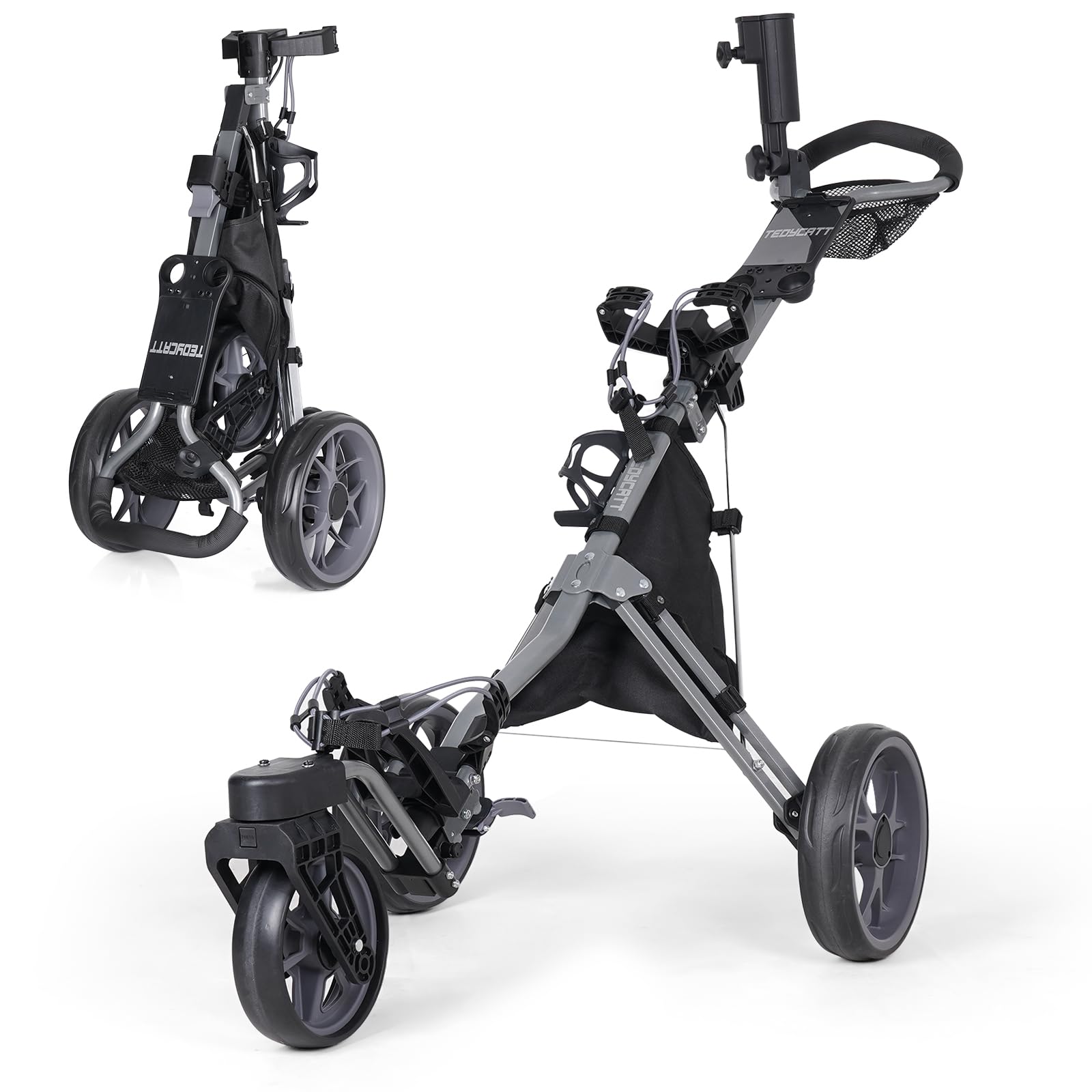 360 Golf Pull Cart: Lightweight Folding Swivel 3 Wheels Golf Caddy with Foot Brake, Cooler Bag, Drink& Umbrella Holder