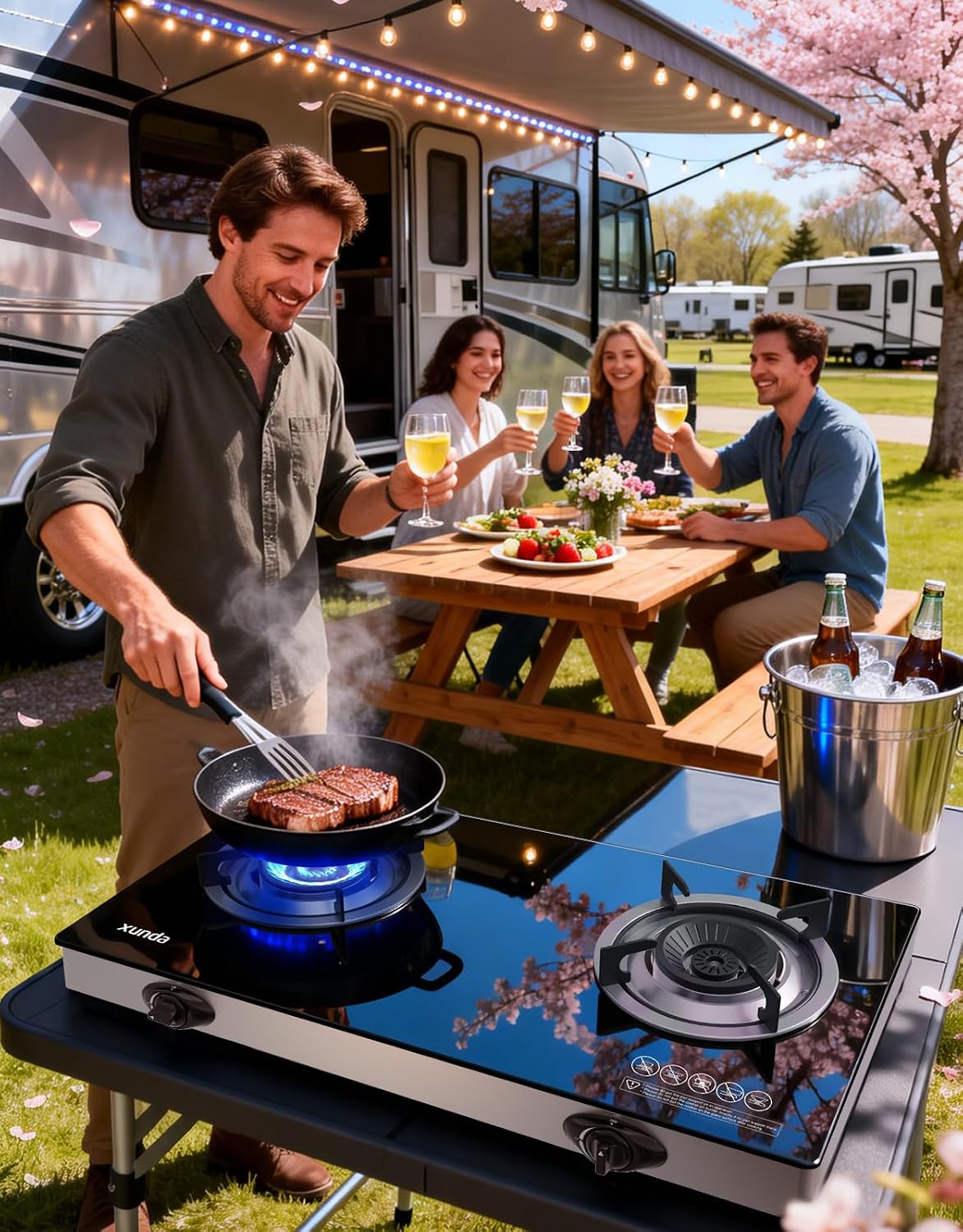 Outdoor Propane s Stove, 28000 BTU Dual Burner LPG Propane Gas Cooktop with Tempered Glass Top, Portable Gas Stove for Outdoor Cooking Camping Grilling
