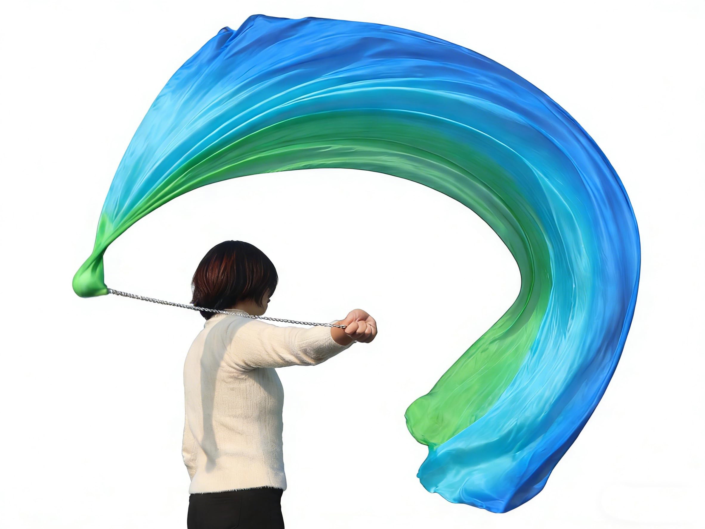 Winged Sirenny Lightweight Real Silk Veil Poi 230cm. Flow Dance Prop for Performances, Bellydance & Fitness. Stainless Steel Rope, Carry Bag, Gradient Colours (green-turquoise-blue)