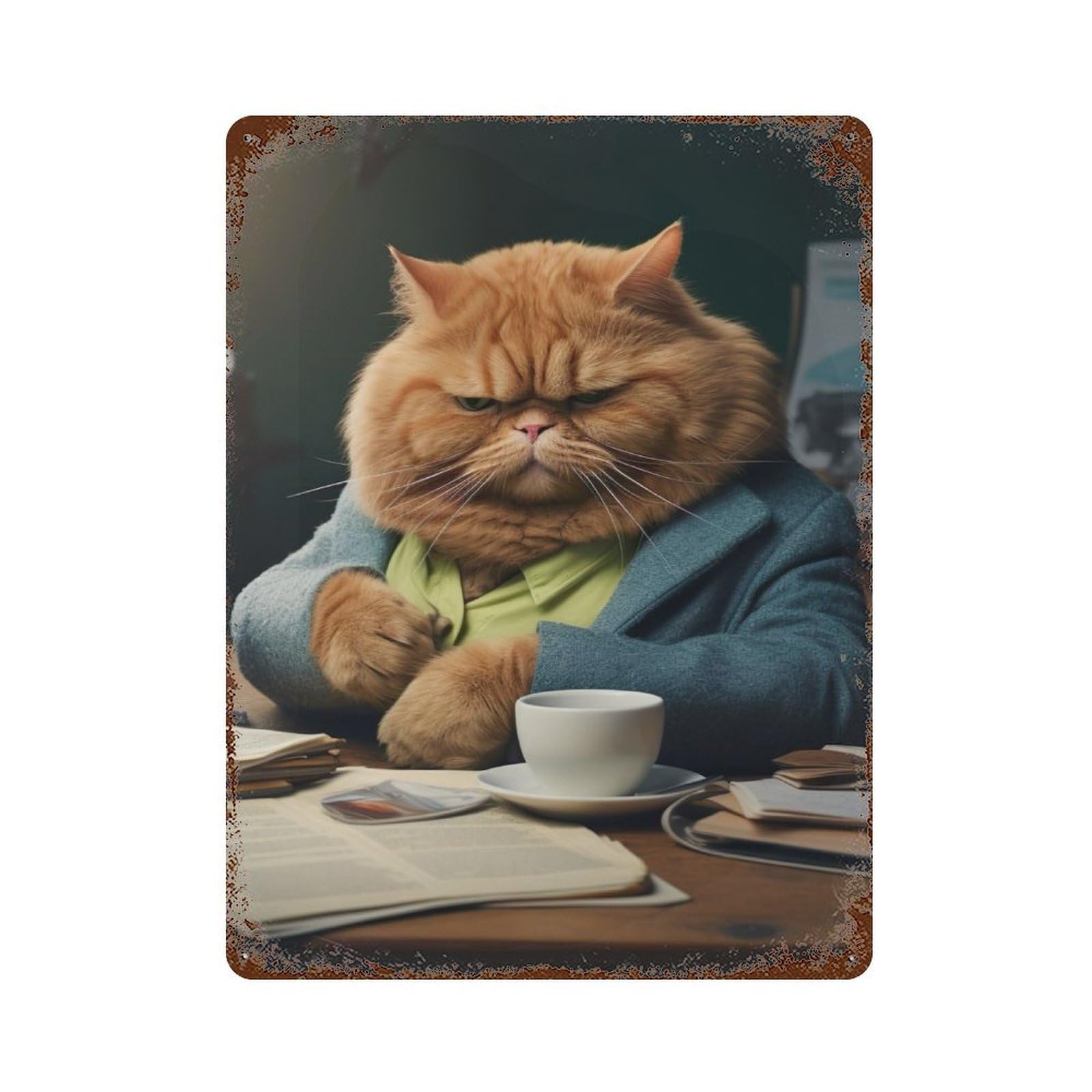 Angry Cat In Office Rusty Metal Tin Sign 15.7"x11.8", Shabby Chic Decor for Garage, Bar And Workshop Decor