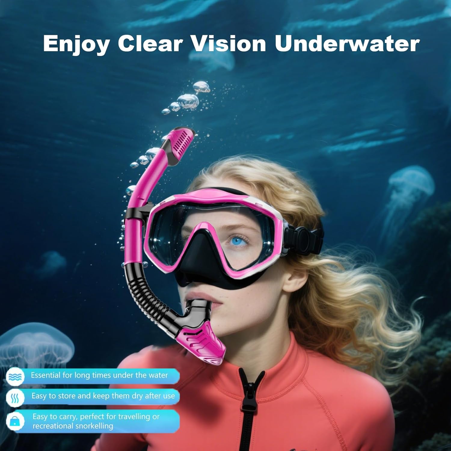 Snorkeling Gear for Adults,Dry-Top Snorkel Set with Tempered Glass,Anti-Fog & Anti-Leak Panoramic Swim Mask, Adjustable Snorkel Kit with Carry Bag for Scuba Diving, Swimming,Travel - Image 3