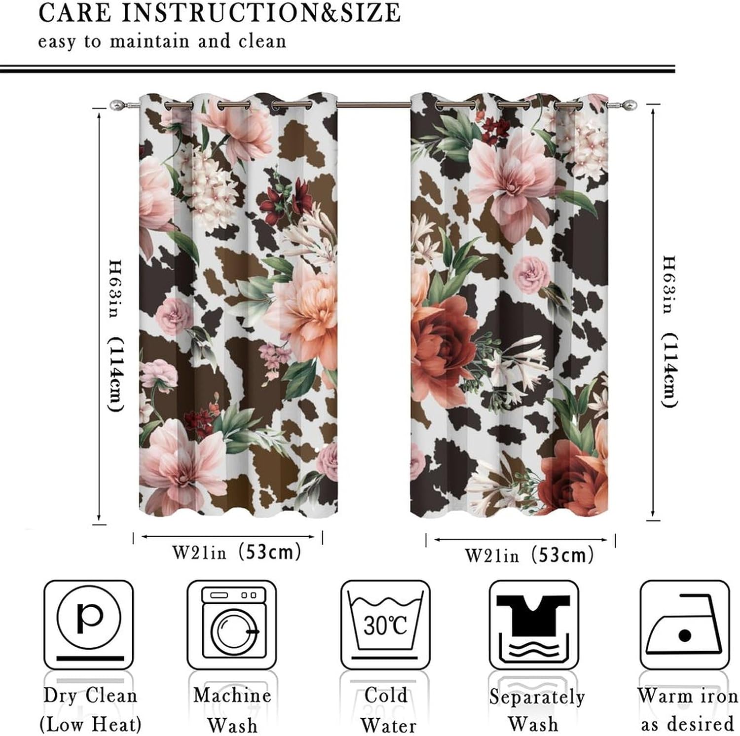 Cow Print Flowers Blackout Curtain Animals Skin Brown Cow Print Farmhouse Garden Country Grommet Window Insulated NoiseDrapes Decor for Bedroom Living Room Curtains 2 Panels 45" L x 21" W