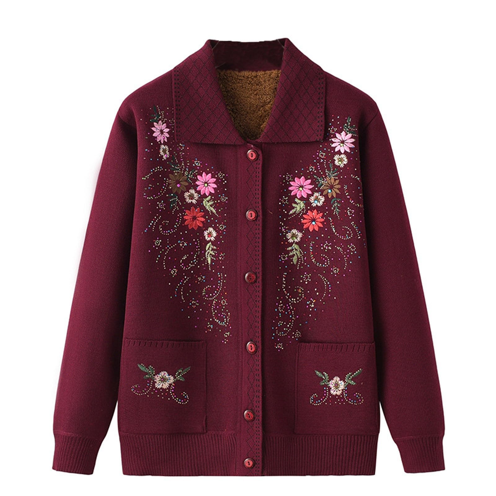 Middle-Aged and Elderly Womens Cardigan Knitted Sweater Elegant Embroidery Winter Long Sleeve Tops Mother Grandma Coat