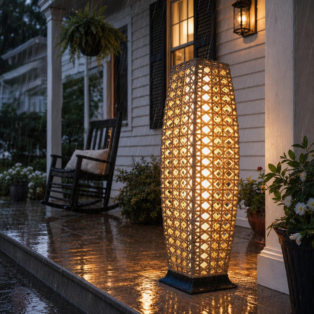 Grand patio Outdoor Floor Lamp Solar Lantern, Water-Resistant Natural Wicker Boho Patio Light with 50/100 Lumens Dual Brightness & Memory Mode for Garden Porch Deck Decor, Large Diamond Natural 1 PC Large Diamond Natural