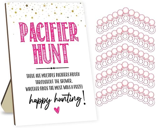 Juego de caza de chupetes para bebé, juegos de fiesta de baby shower, incluye un letrero de madera de caza de chupetes de osos lindos y 50 chupetes