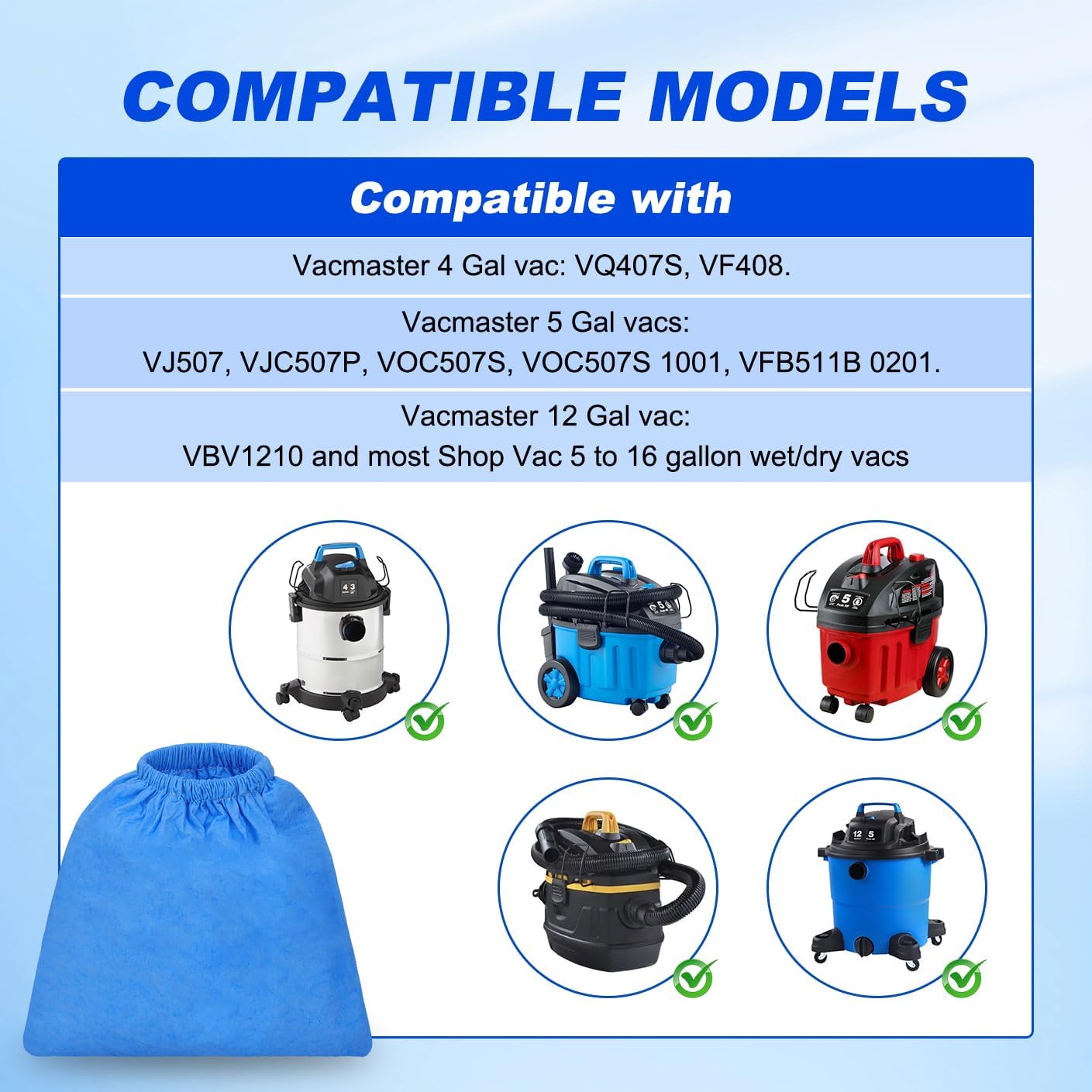 VRC5 Cloth Filter Bags for Vacmaster 4 to 16 Gallon Wet/Dry Vacuums Cleaner, Replaces Part VFB511B 0201 VBV1210 VJC607PF VJC507P VOC507S VJ507 VOC507S 1001 VQ407S - 4 Pack image 3