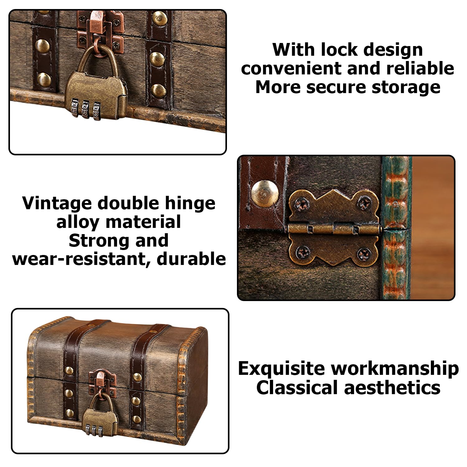 Nizirioo Coffre Au Trésor Vintage En Bois Avec Serrure à Combinaison - Petit Coffre Pirate Pour Enfants, Boîte à Bijoux Avec Couvercle Et Clé (Gris)