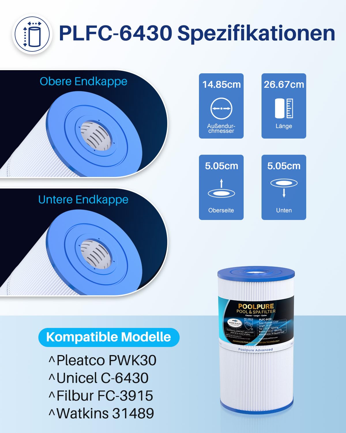 POOLPURE Hot Spring Filter Kompatibel für Unicel C-6430, Pleatco PWK30, Darlly 60301, Filter4Spas SC712, Magnum HS30 Ersatzpatrone Hotsprings SPA Filter Whirlpoolfilter (rechnung vorhanden)