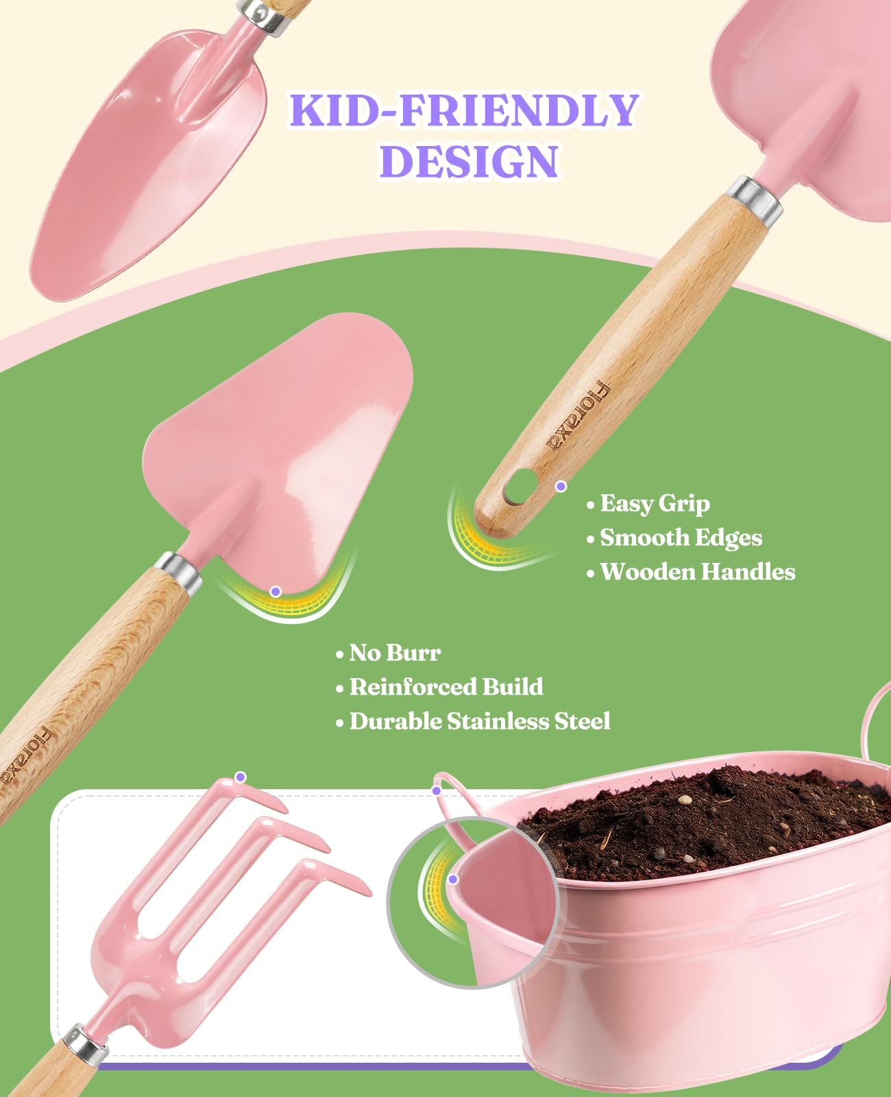 Kinder-Gartenset, kindersicheres und Robustes Werkzeug für Spaß im Freien, Kreativität zu fördern (Rosa)