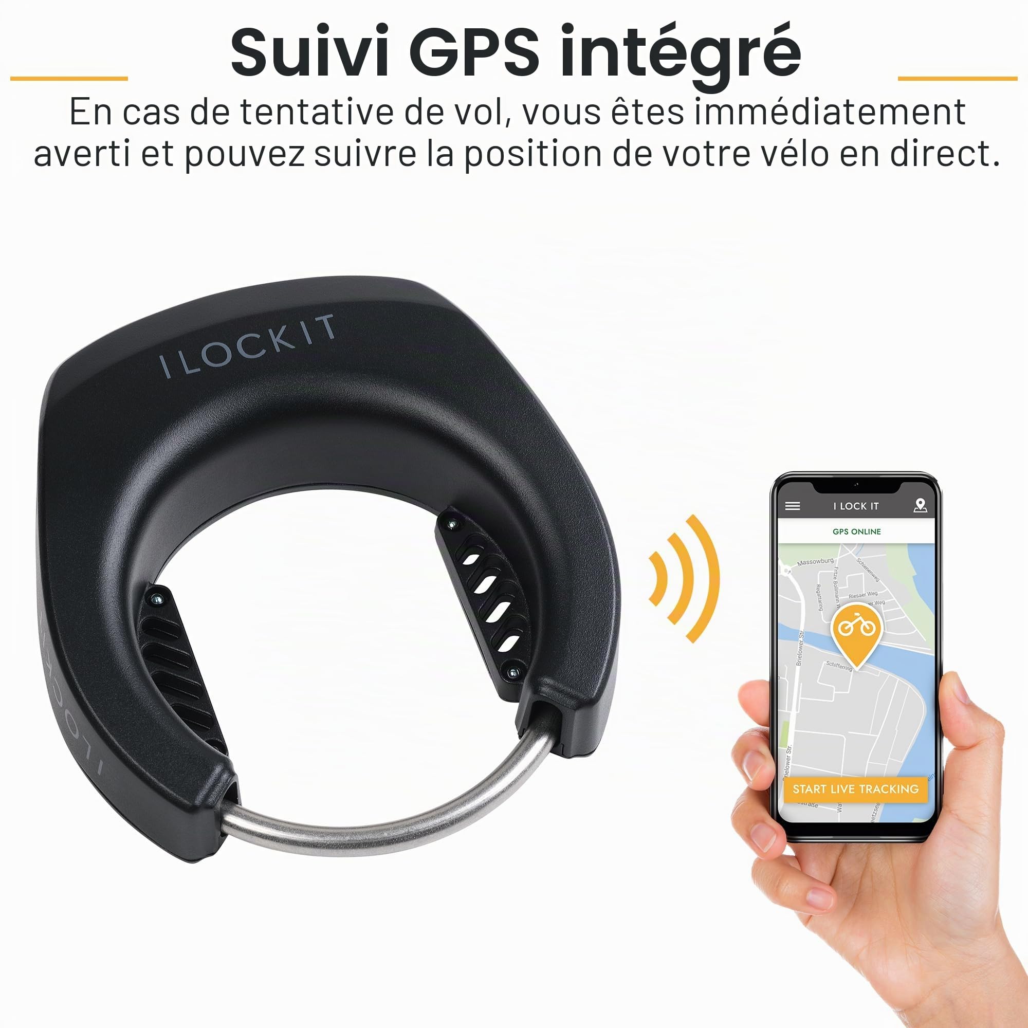 PRO antivol de cadre pour vélo | Suivi GPS en direct | Haute sécurité | Application smartphone | Système d'alarme 110 dB | Évitement des rayons