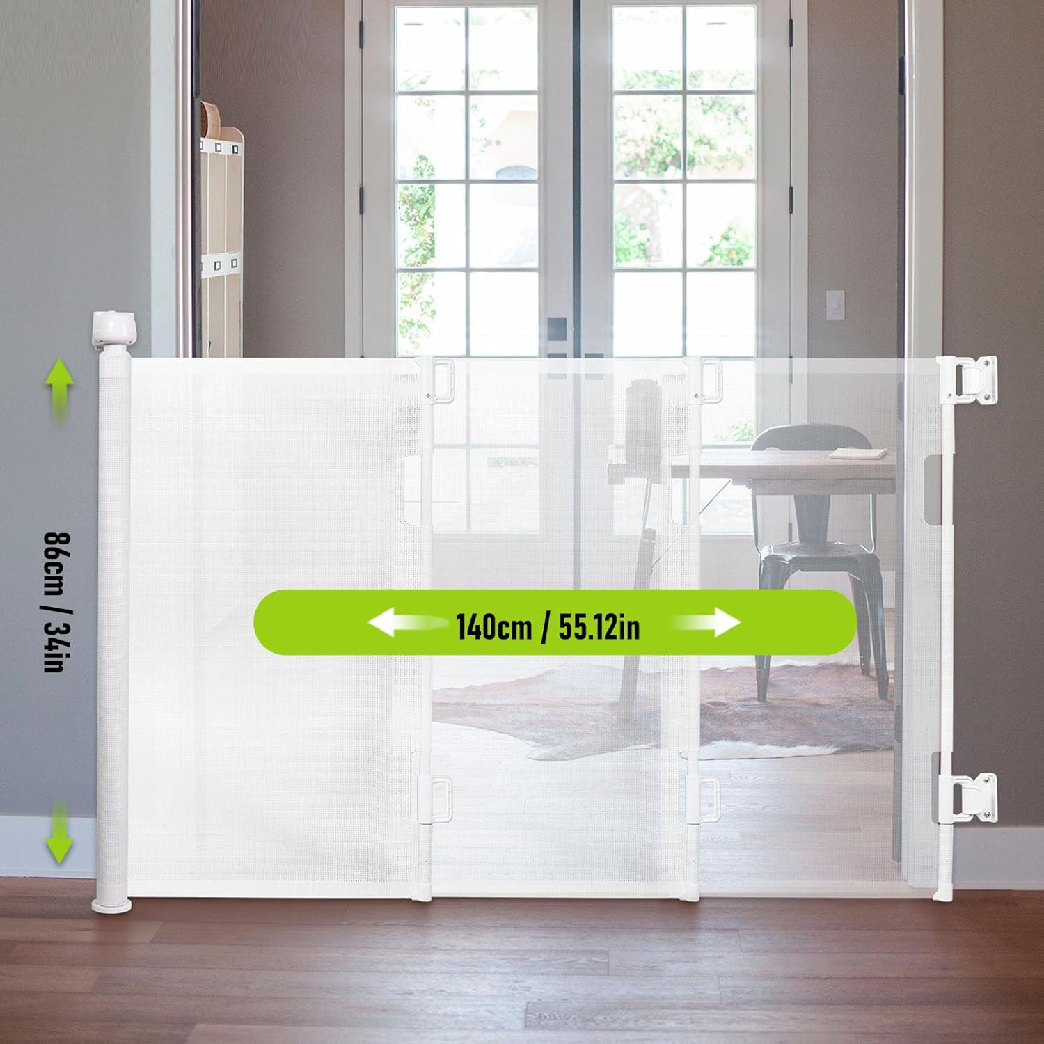 Baby Gate, Extends to 55 Inch Wide Retractable and Stable Pet Gate, Safety with Fine Mesh Pattern and Simple Installation for Indoor and Outdoor Stairs, Doorways, Hallways