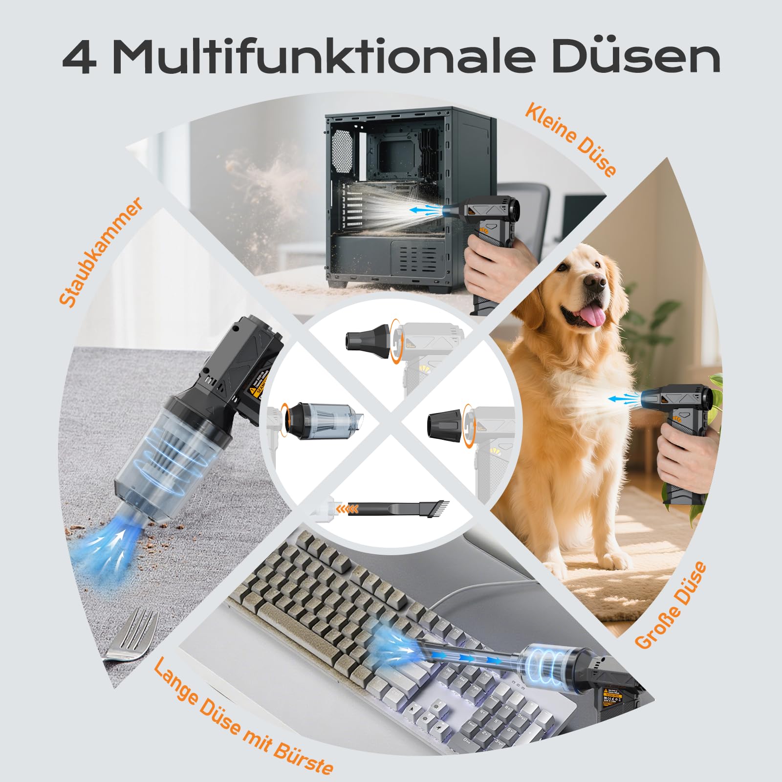 SEANCHEER 2-in-1 Elektrische Staubgebläse & Mini Staubsauger, 180000 U/min Stufenlose Drehzahlregelung Compressed Air Duster, 8000mAh Akku, für PC/Sofa/Auto. (Schwarz - mit Staubsauger)