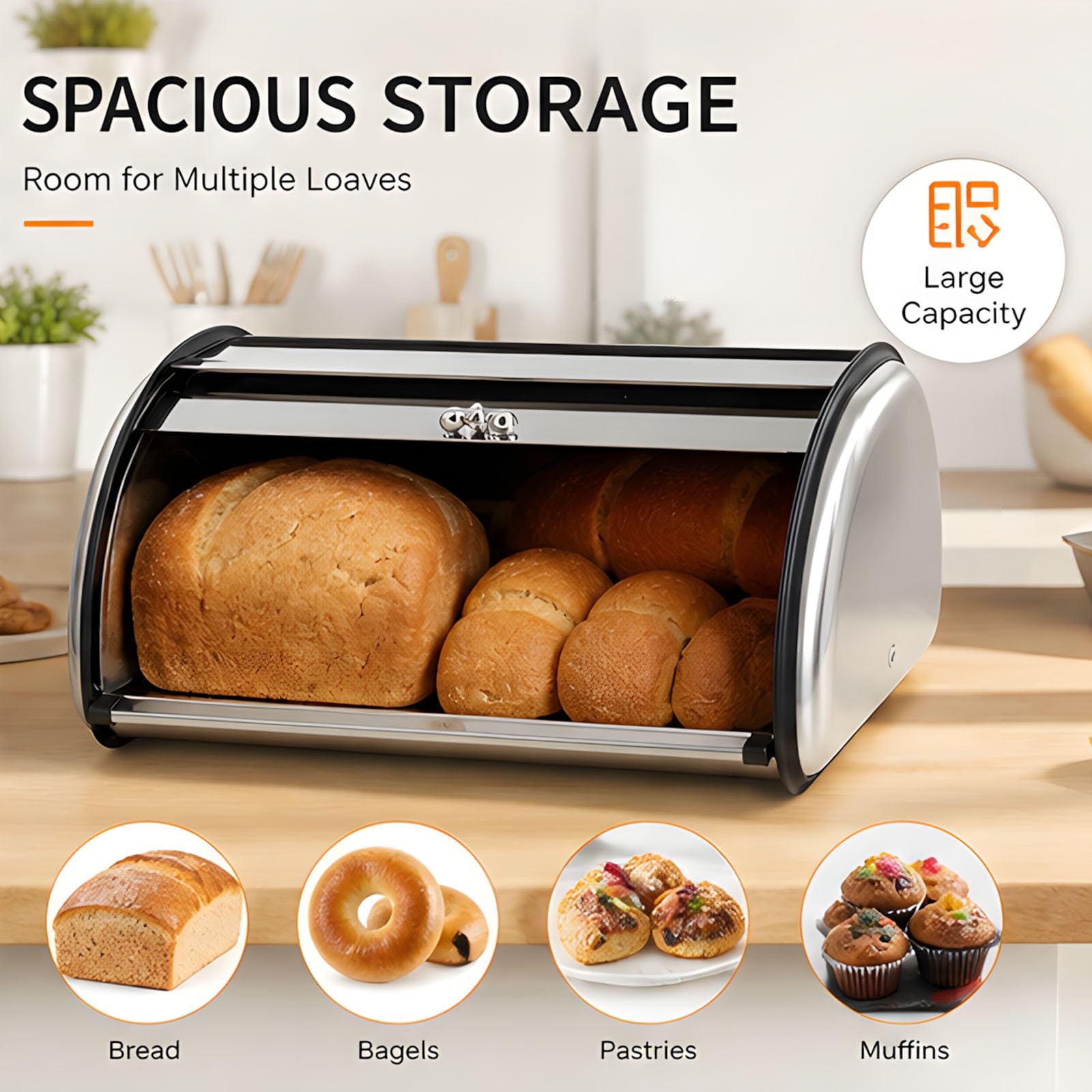 PANGBOER Contenedor de almacenamiento de pan con ventana de visualización, diseño enrollable de acero inoxidable, organizador de mostrador ventilado, soporte para repostería de cocina, recipiente