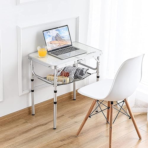 Miniatura 8 de Mesa plegable pequeña de 2 pies, mesa de campamento portátil con soportes de malla, altura ajustable de aluminio ligero, con asa de transporte para