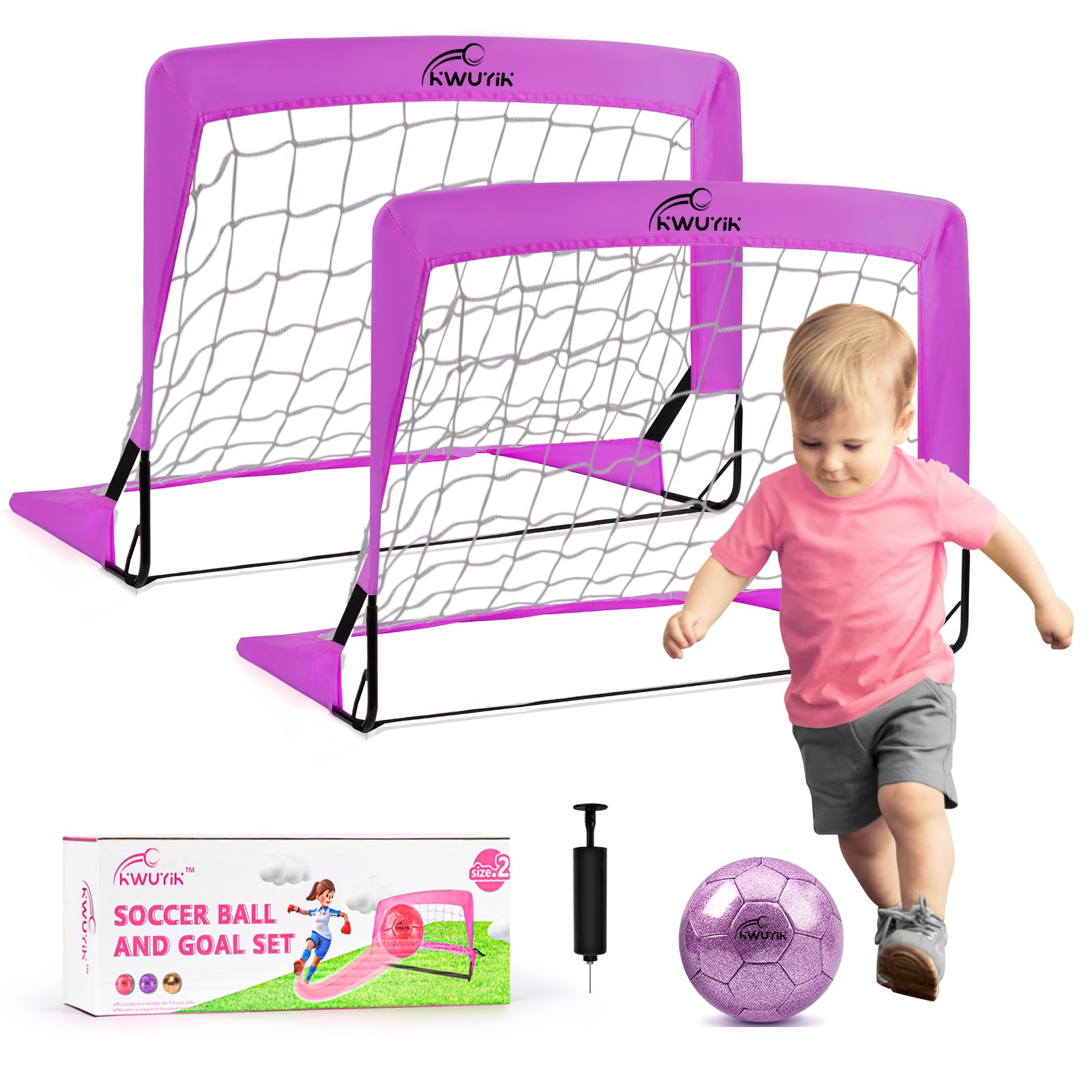 2 Pack Mini Soccer Goals Set 2x1.5ft Indoor Soccer Nets for Kids with Size 2 Toddler Soccer Ball Foldable Net Toy with Pump for Children Boys Girls Backyard