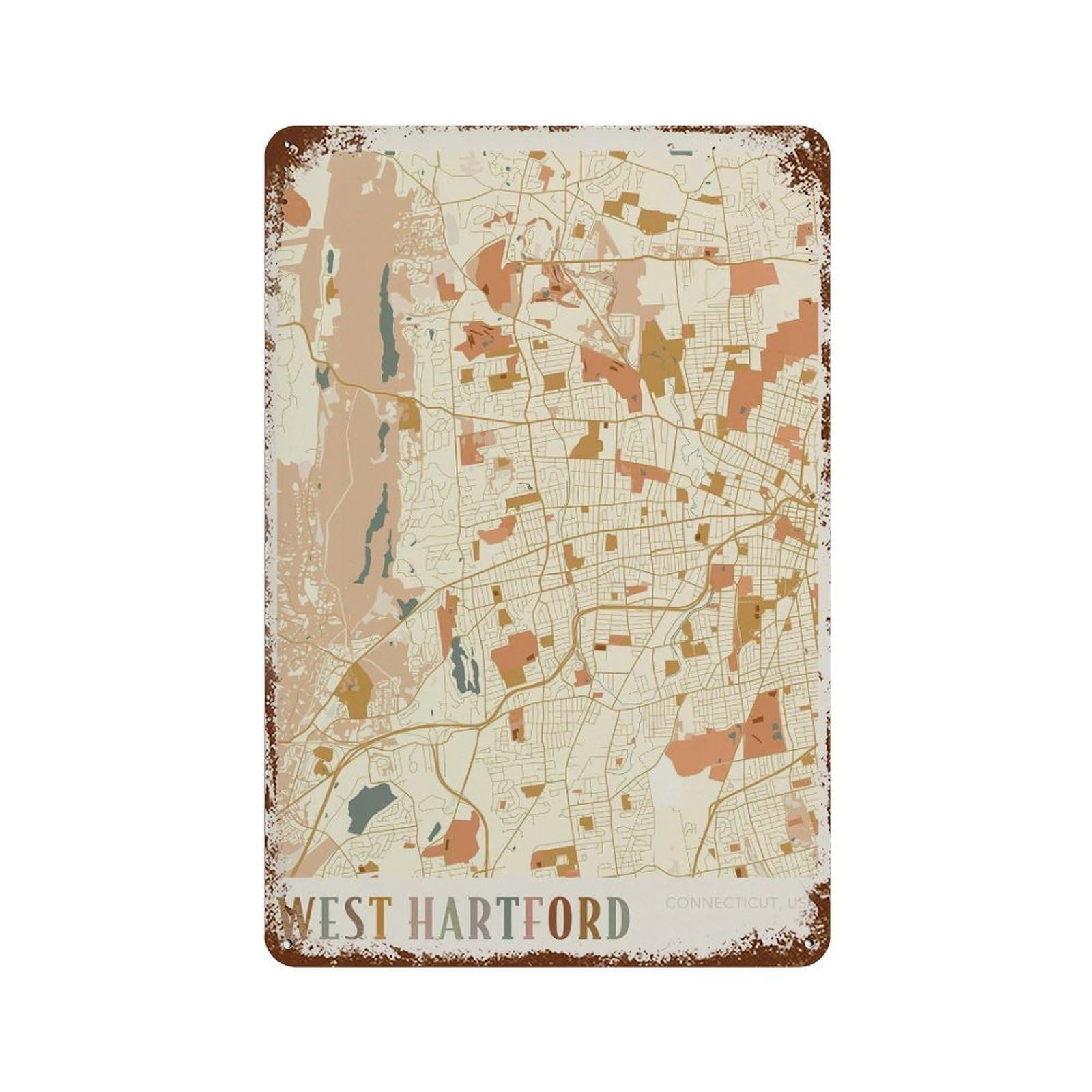 xiaoxiaoshen West Hford Map Connecticut Travel Gift Boho Idea Wall Decor Art Metal Tin Poster Modern Home Decor Art Home Bar Shop Decorations Vintage Sign 30x20cm