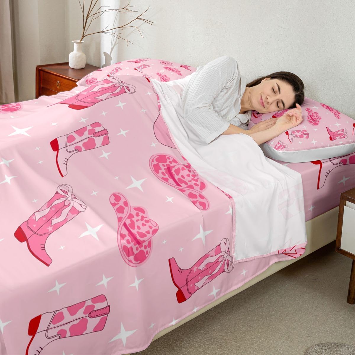 Manfei Cowgirl Pink Fitted Sheet King Size with 2 Pillowcases,Western Cowgirl Boots Hats Tribal Bed Sheet Set,Cartoon Lightning Pink Cowhide Starry Top Flat Sheet Microfiber Breathable