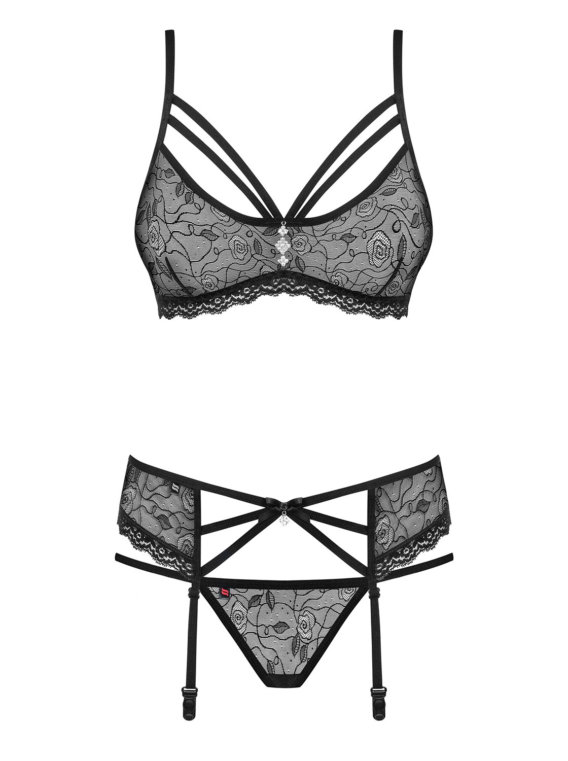 Obsessive. Damen Dessous Reizwäsche Set aus Soft-BH, Straps-Gürtel und String in schwarz transparent