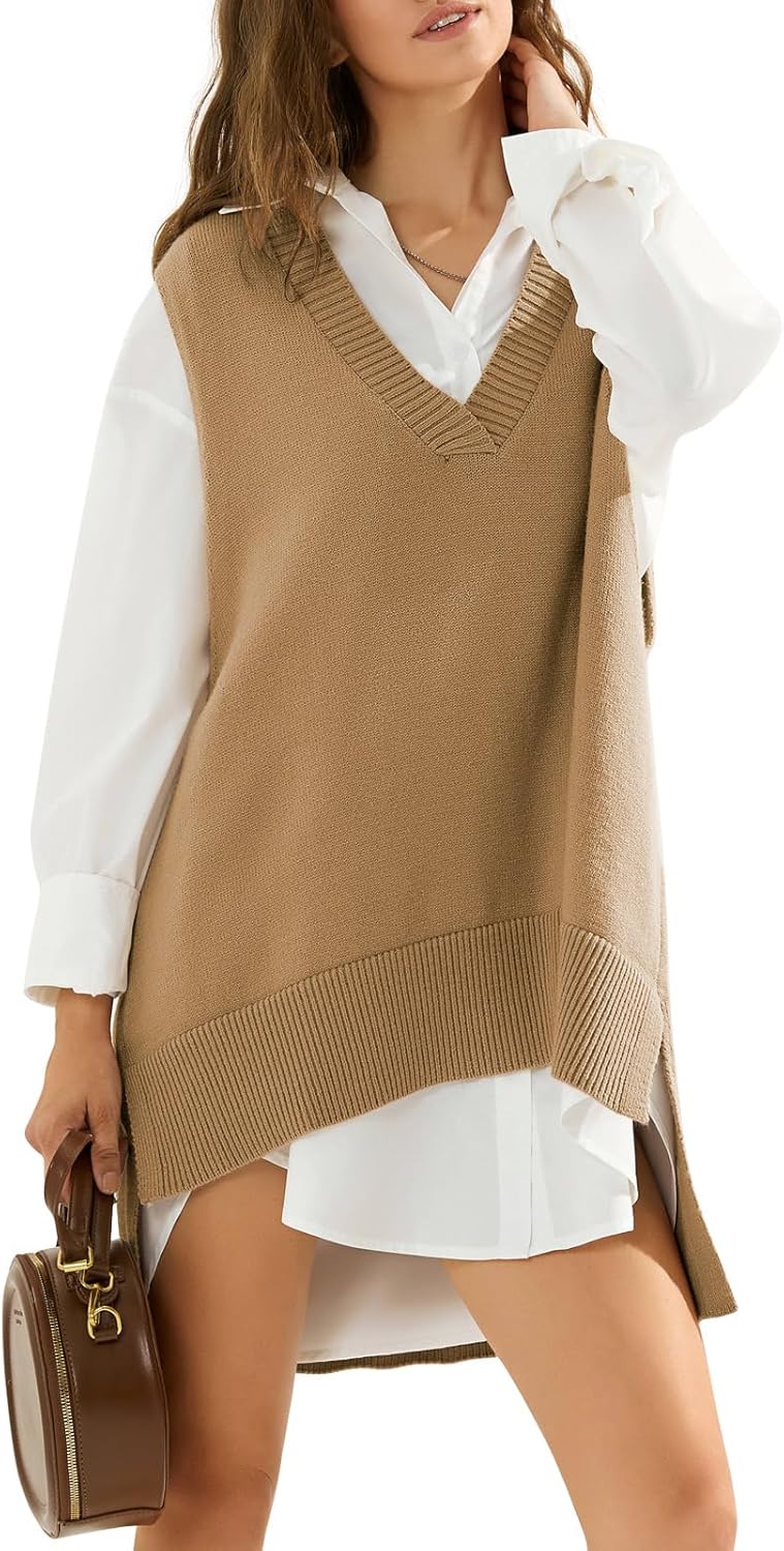 EXLURA Womens Oversized Sweater Vest Knit V Neck Tunic Casual Sleeveless Long Pullover Tank Tops Fall Winter Trendy 2025