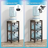 Vista 4 de 3-Tier 5 Gallon Water Jug Holder with Top Shelf – 4 Metal Wheels or Adjustable Feet – Natural Hardwood Water Dispenser Floor Stand – Wooden
