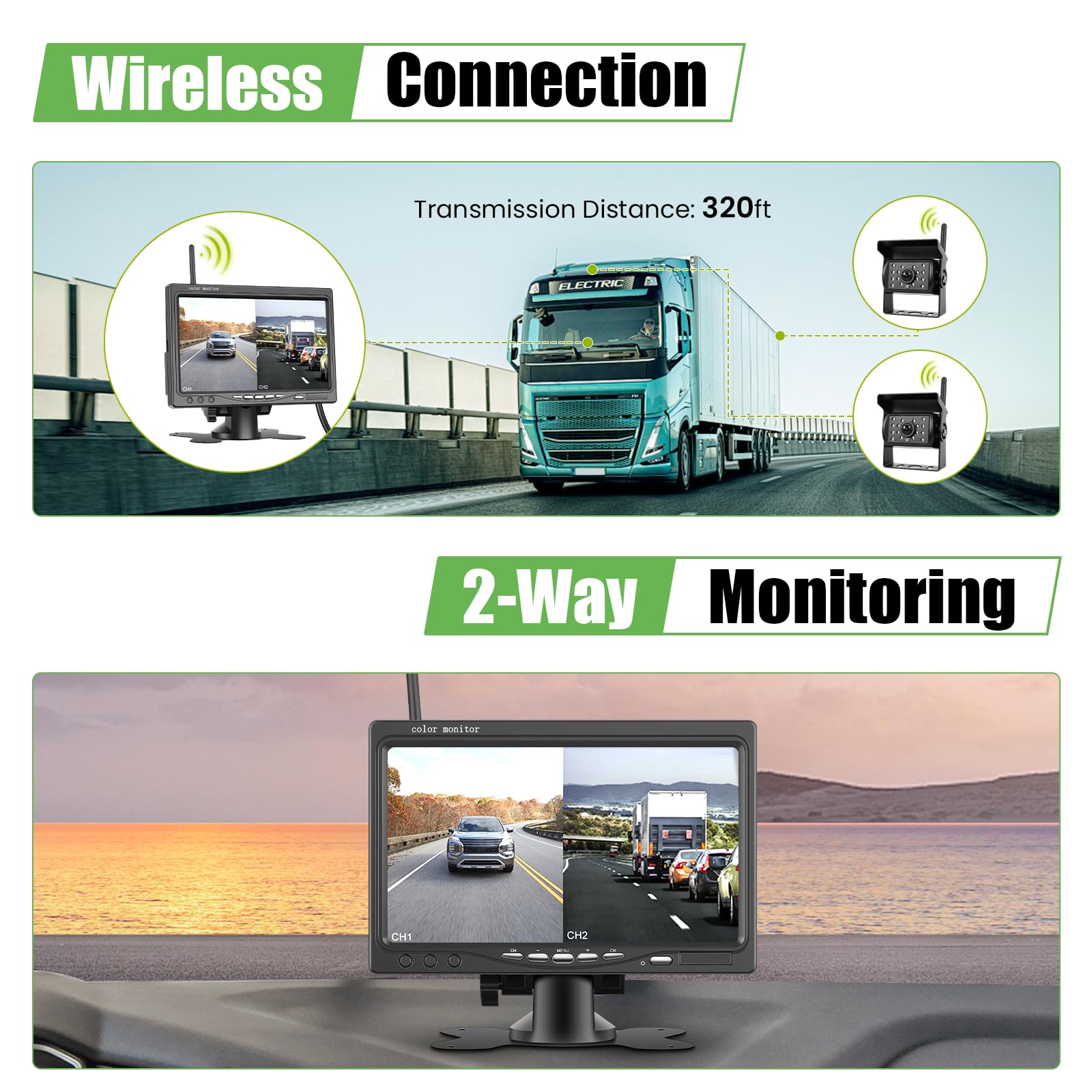 Camera de Recul sans Fil pour Voiture 2 Caméras avec écran 7'', Caméra de Vision Nocturne/étanchéité IP68, BSD, Caméra de Recul sans Fil pour Camping Cars, Bus, Camions et Caravanes/DC 12-36V