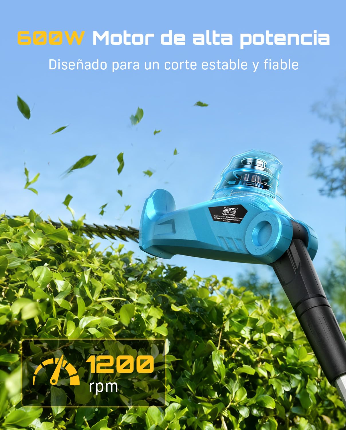 SEESII Cortasetos Batería, Cortasetos Eléctrico con Pértiga Telescópica 2,4 M, Cuchilla Doble Acción 50 Cm, 2×4000 mAh Baterías, Cabezal Giratorio Ajustable, para Setos Y Arbustos