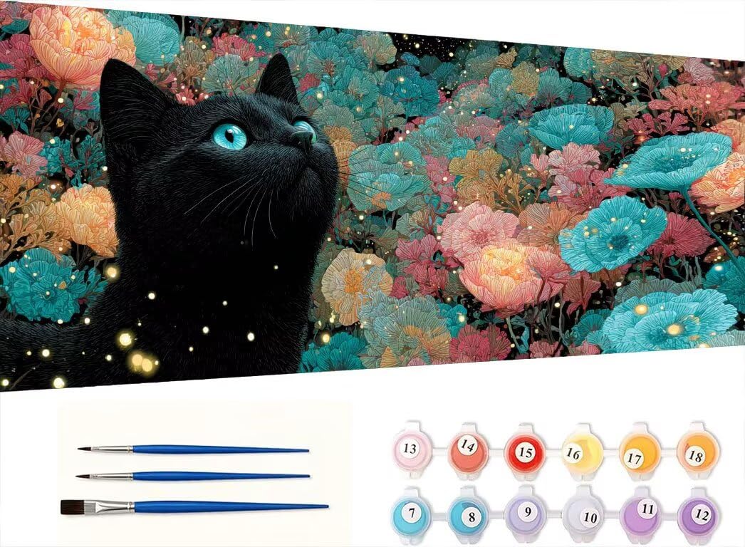 Malen Nach Zahlen Erwachsene, Blumen Schwarze Katze, 80x110cm 2JGWX-184