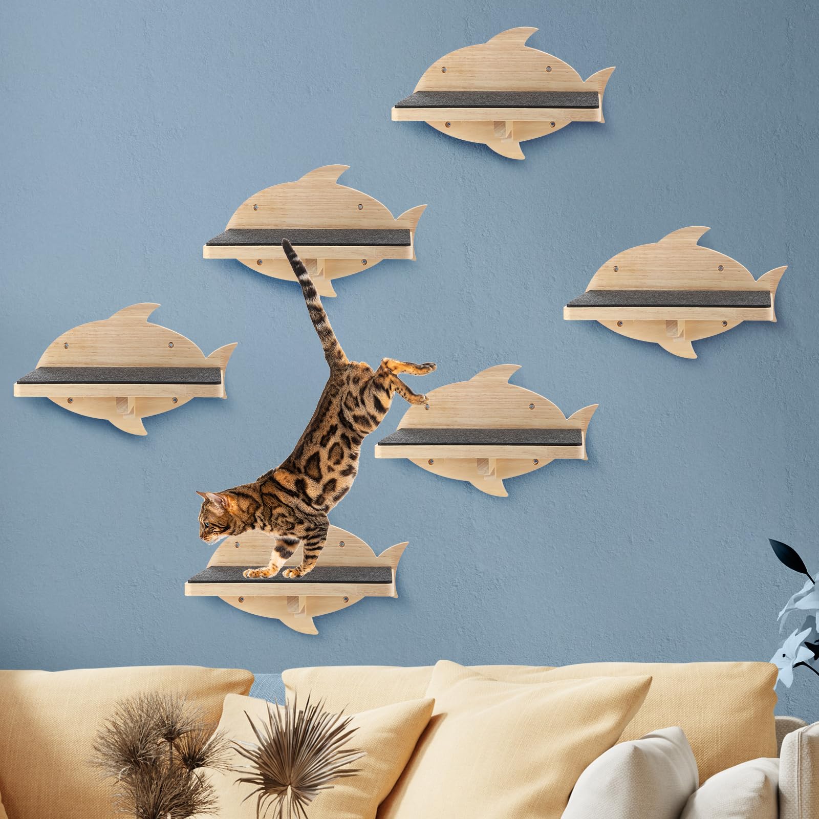 Lenwen Set of 6 Cat Wall Steps Shelf Shelves Wood Cat Climbing Shelves for Wall Wood Cat Wall Mounted Furniture Cat Wall Bed Wood Cat Stairs with Non Slip Felt for Springboard Playing (Fish)