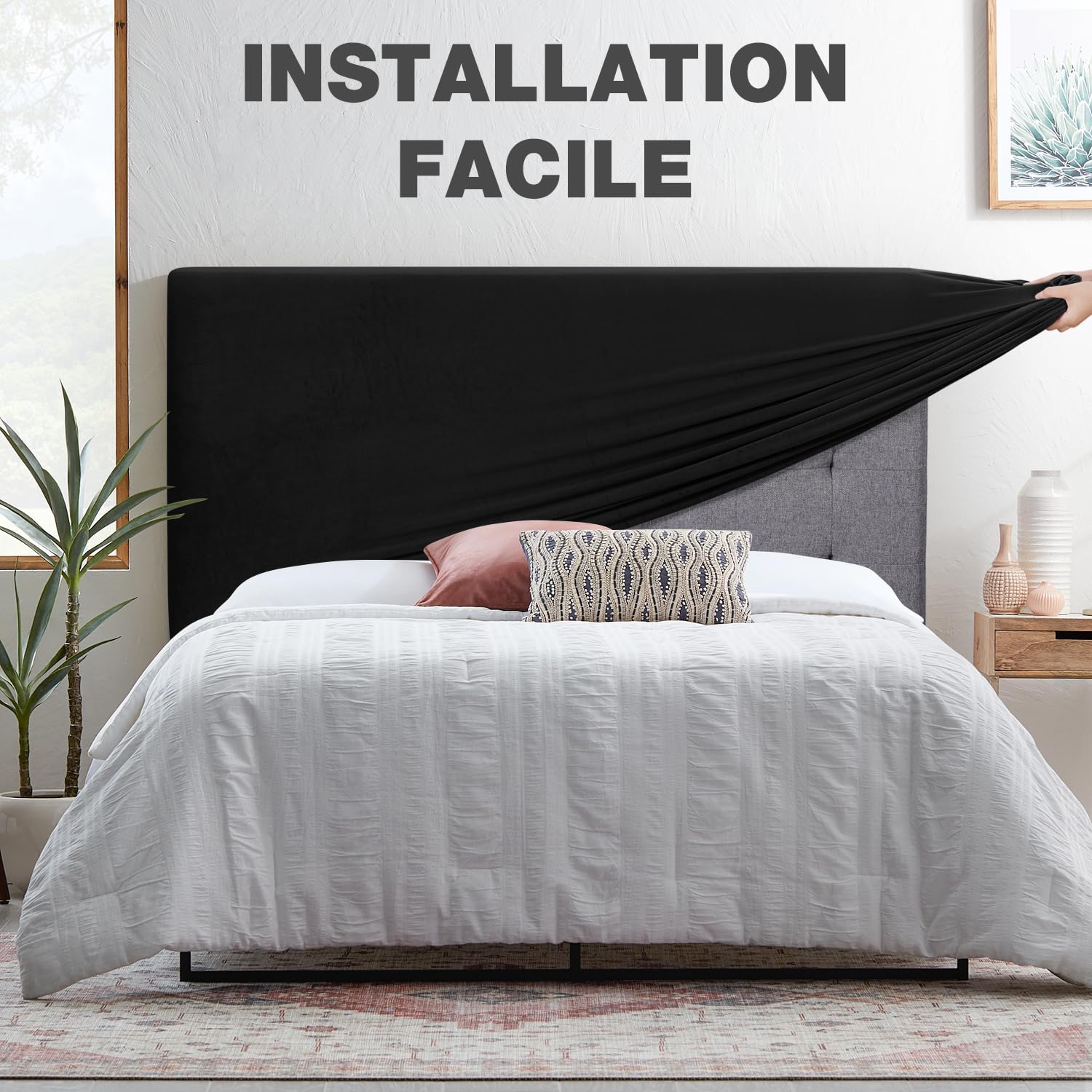 TAOCOCO Housse de Tête de Lit 160 cm, Tête de Lit Double élastique, Housse de Protection Antipoussière, Tissu Velours Extensible Doux, Lavable, Design Tout-en-Un (150/160/170 cm, Noir)
