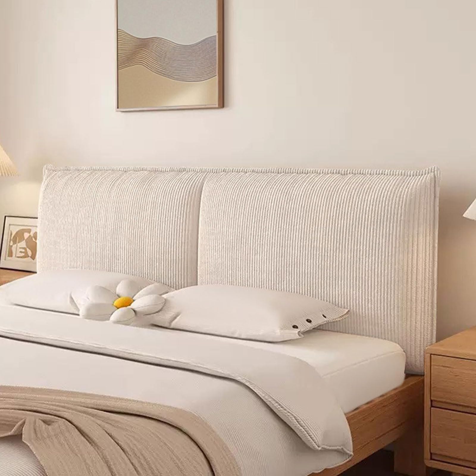 Upholstered Corduroy Headboard Cover / Headboard Cushion for Queen King Size Double Single Bed Backrest, Washable Thicken Padding Headboards Dustproof Protector Cover(No headboard-150x60x6cm,Beige)