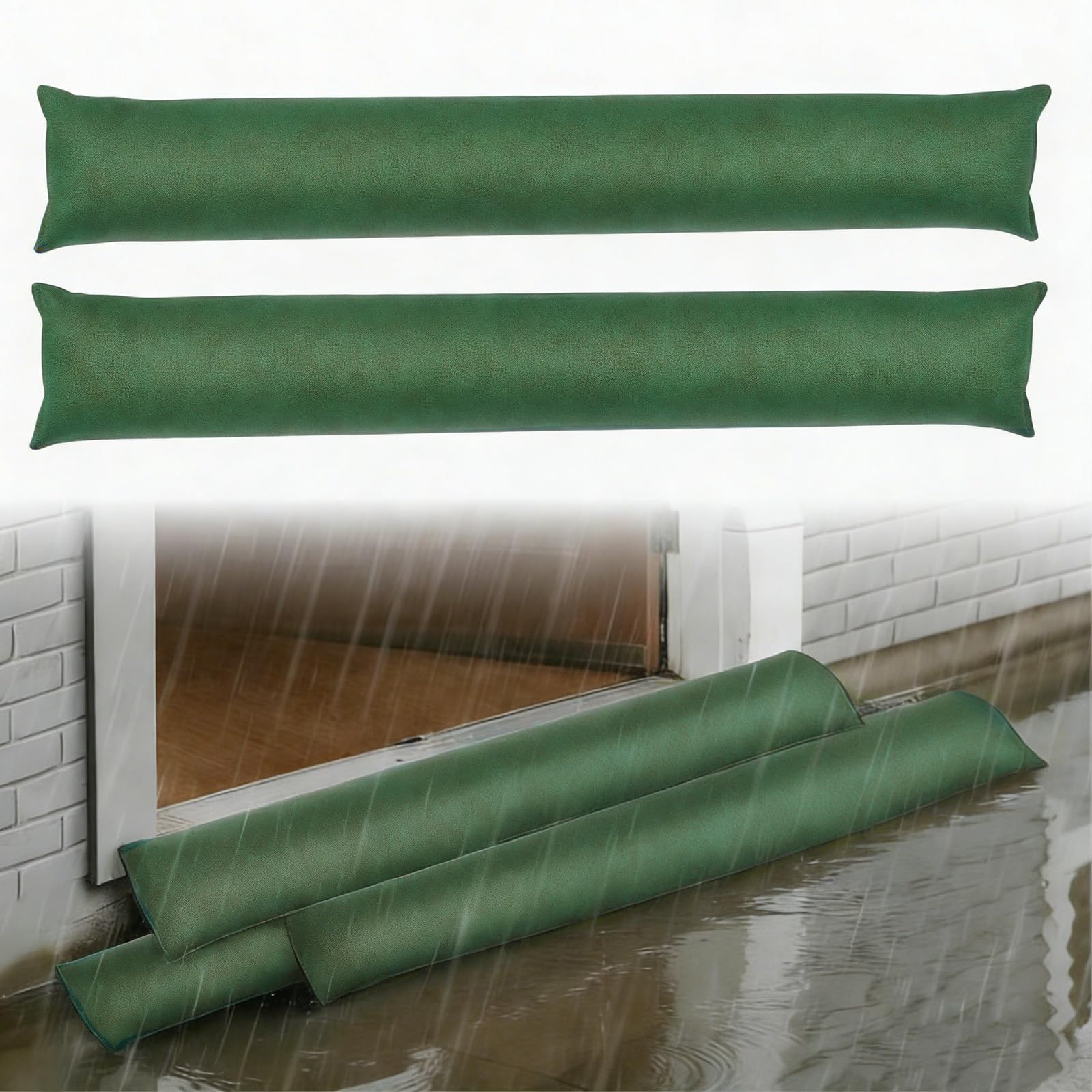 2 Pcs Flood Barrier, 5ft Water-Activated Sandless Flood Defence Barriers. Reusable Absorbent Sandbags for Flooding Protection for Home, Doors, Garage & Basement (Green)