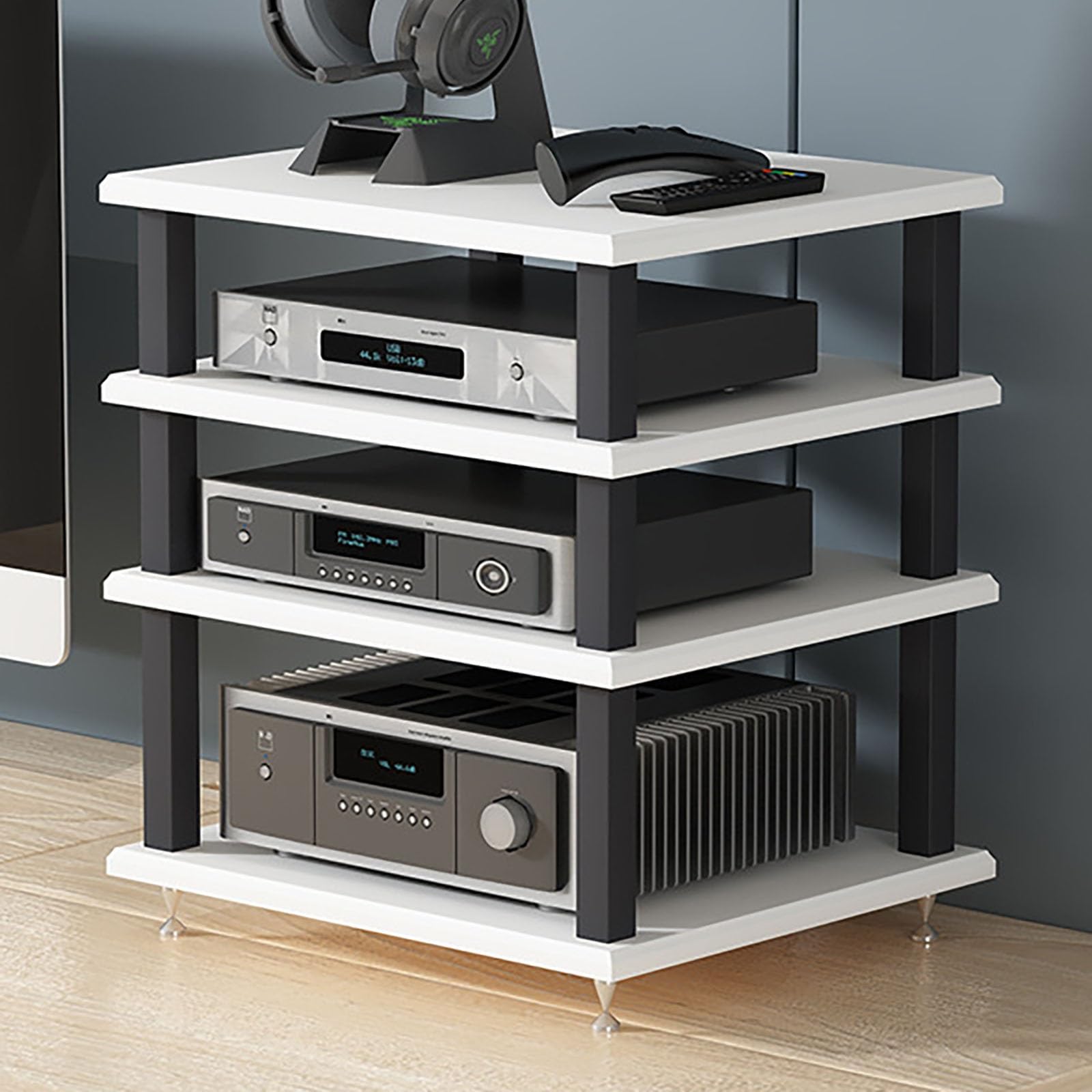 Genérico Soporte portátil para componentes audiovisuales, Torre de Audio metálica, Estante de Almacenamiento para Equipos estéreo, Consola de Entretenimiento compacta, 35 cm de Altura (Blanco)