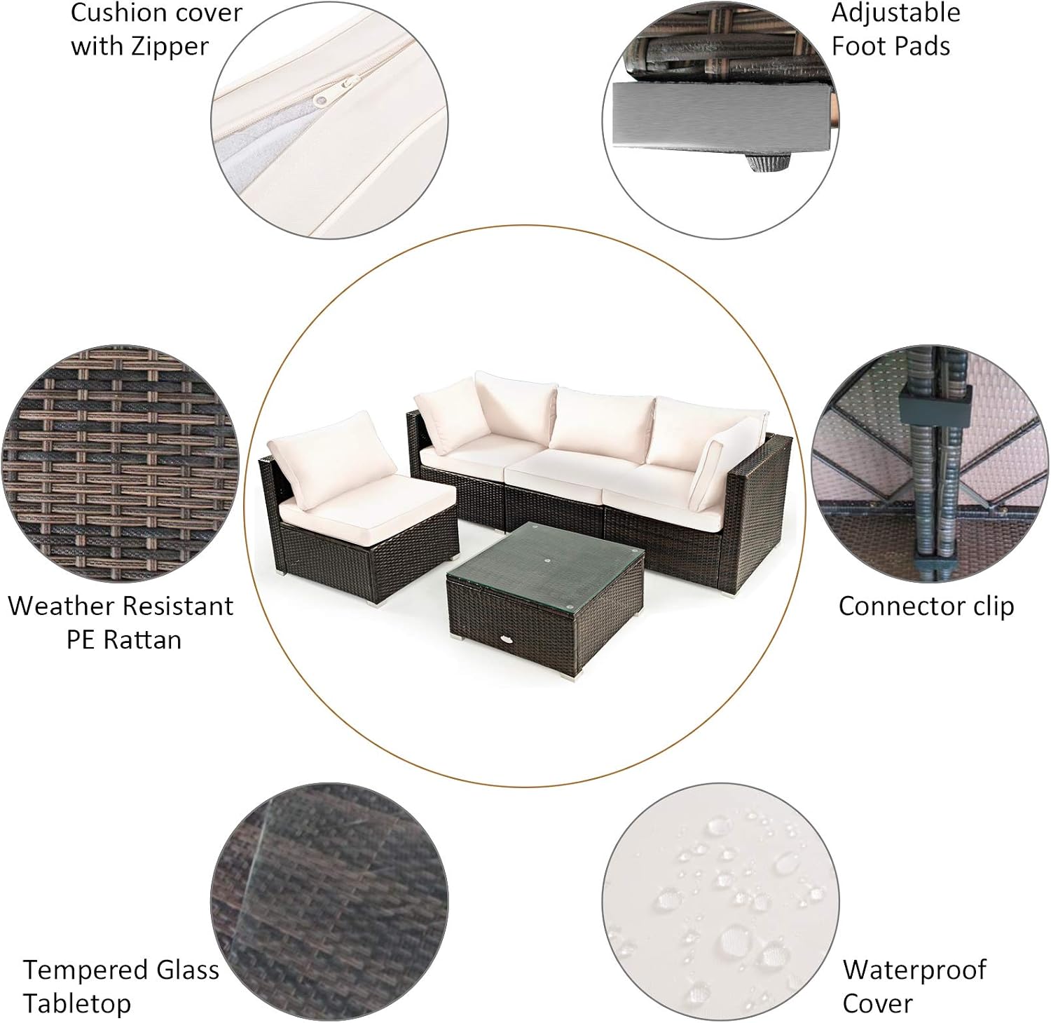 Tangkula 6 Piece Outdoor Rattan Sofa Set with 30in Propane Gas Fire Table, Ceramic Fire Tabletop, 50,000 BTU Heat Output, Cushions & Fire Pit Dust Cover, Patiojoy Weatherproof Wicker Set (Off White)