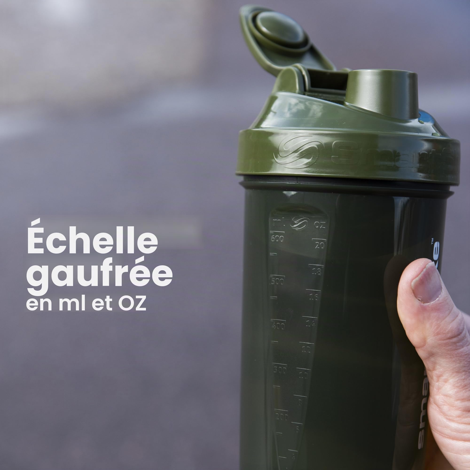 Smartshake Bouteille shaker protéinée O2GO ONE (600 ml | 59 cl) - Rangement inclus - Bouchon à visser étanche - Sans BPA - Unisexe - Gris brume, vert armée, noir, bleu marine